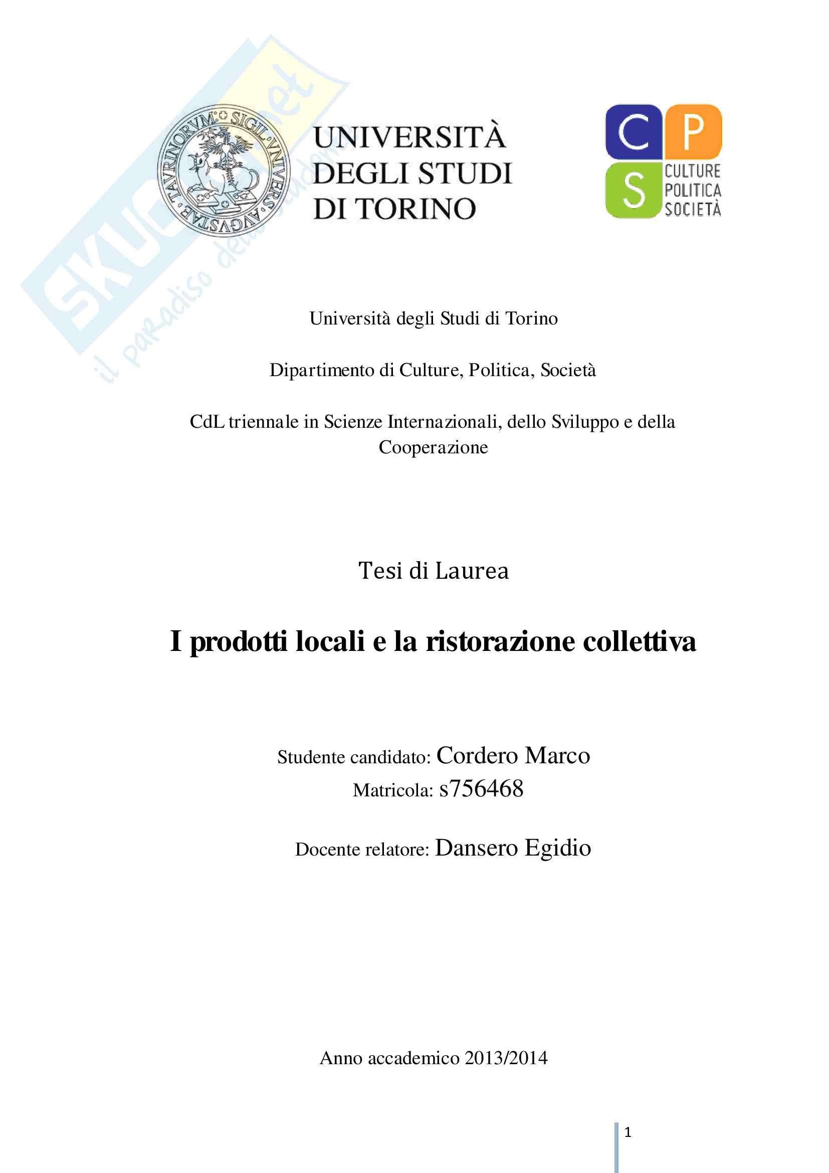 I prodotti locali e la ristorazione collettiva - Tesi triennale Pag. 1