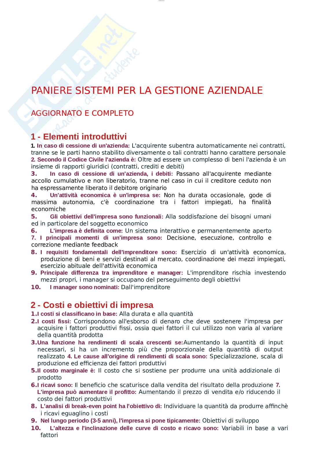 Paniere esame Sistemi per la gestione aziendale Pag. 1