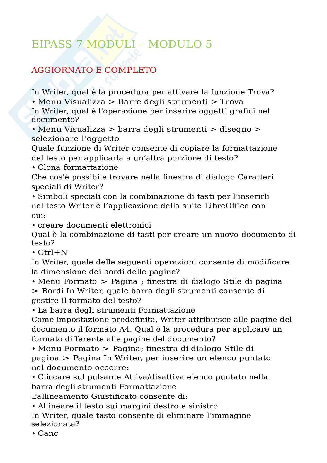 Eipass 7 moduli - Modulo 5 (guida alle funzioni e comandi di Writer per utenti). Aggiornato e completo. In ordine  Pag. 1