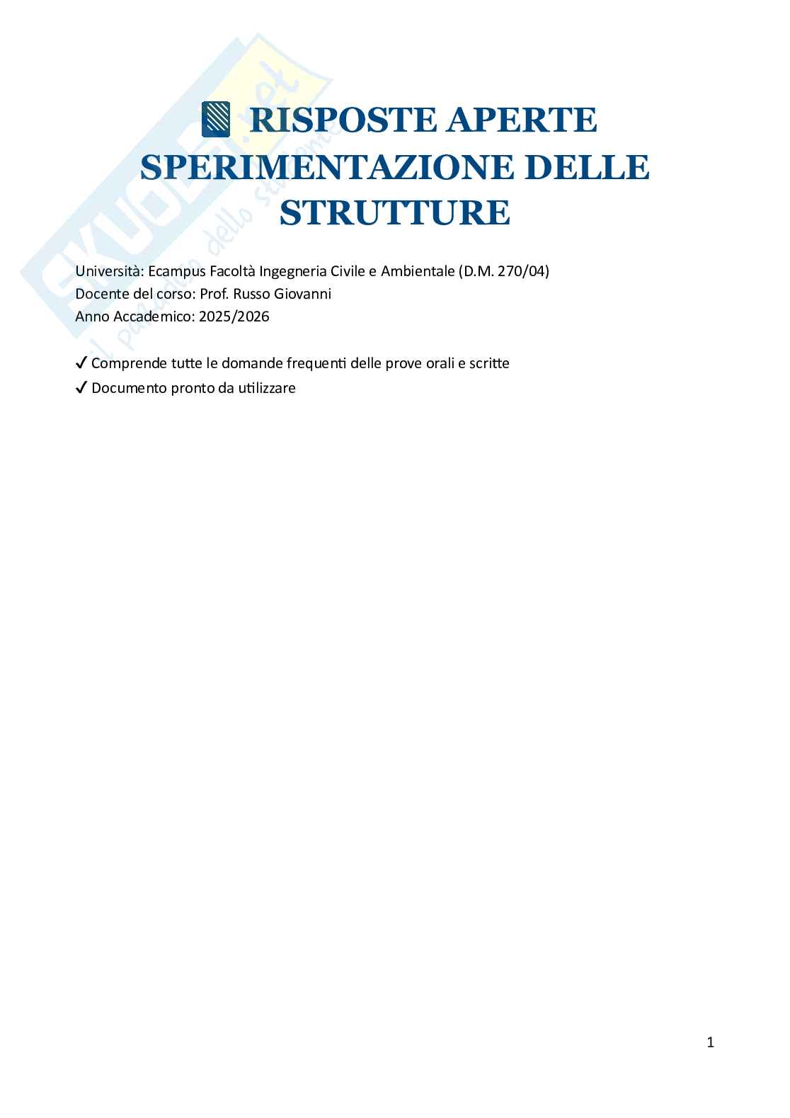 Sperimentazione delle strutture – Preparazione esame – Paniere risposte aperte complete (3) – A.A. 2025/2026 Pag. 1