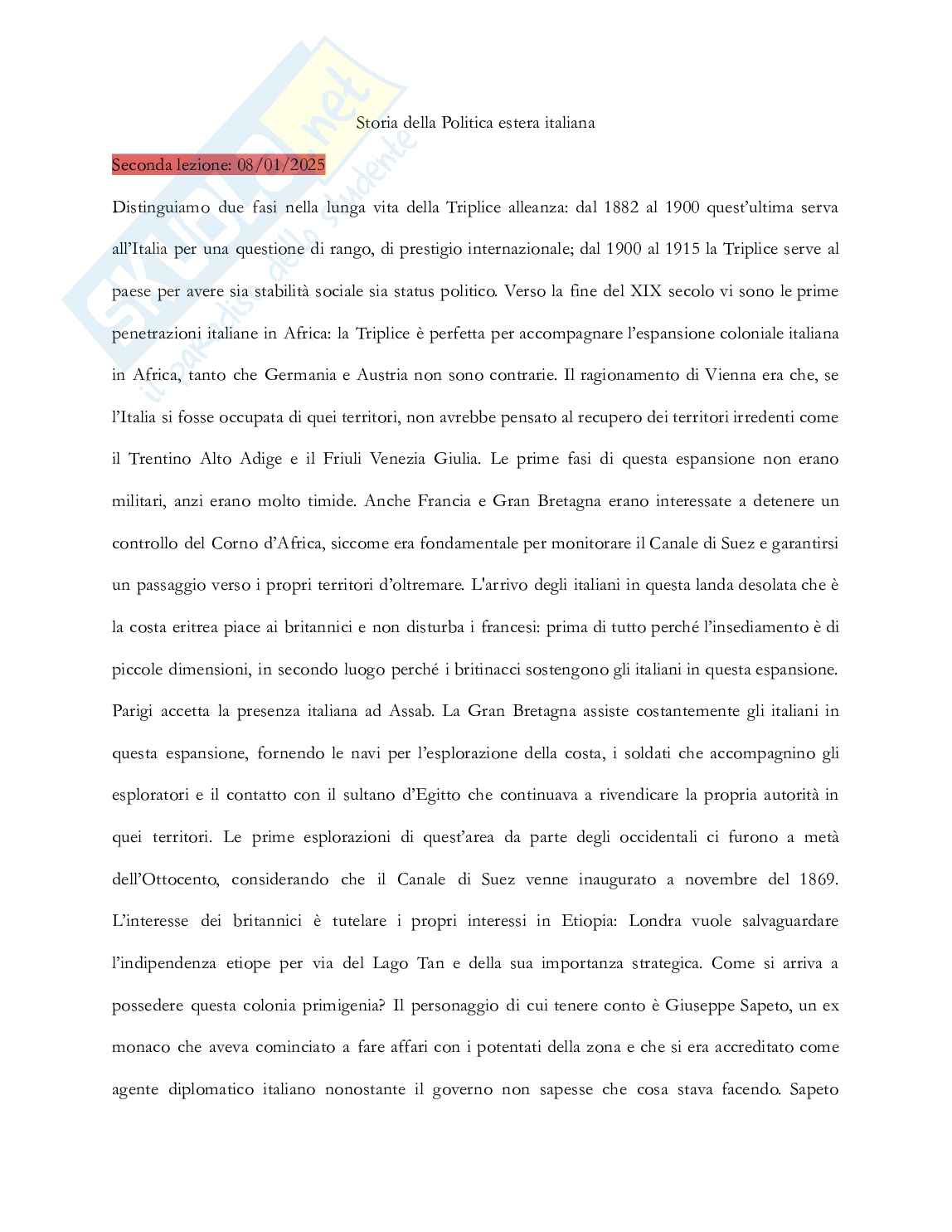 Riassunto esame Storia della politica estera italiana, Prof. Graglia Piero, libro consigliato La politica estera dell'Italia, dallo Stato unitario ai giorni nostri, Mammarella, Cacace Pag. 1
