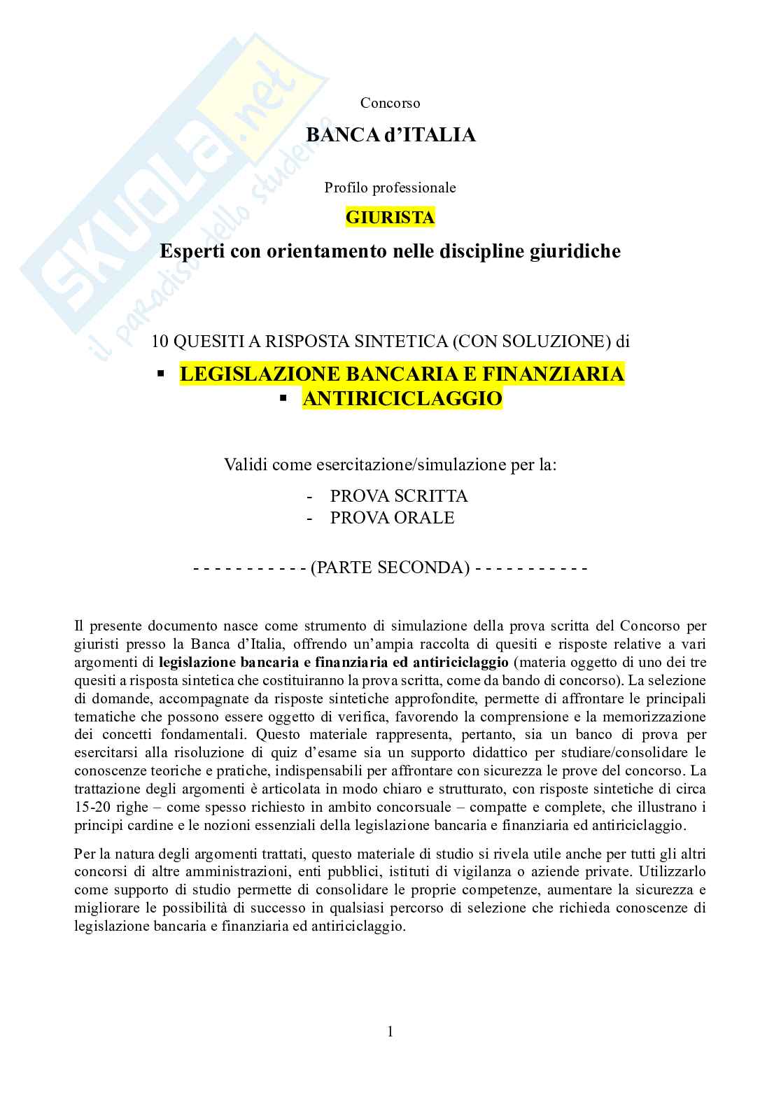 Concorso pubblico Banca Italia - Prova scritta svolta Simulazione Quiz risposta sintetica con soluzione- Legislazione bancaria e finanziaria e antiriciclaggio, parte II Pag. 1