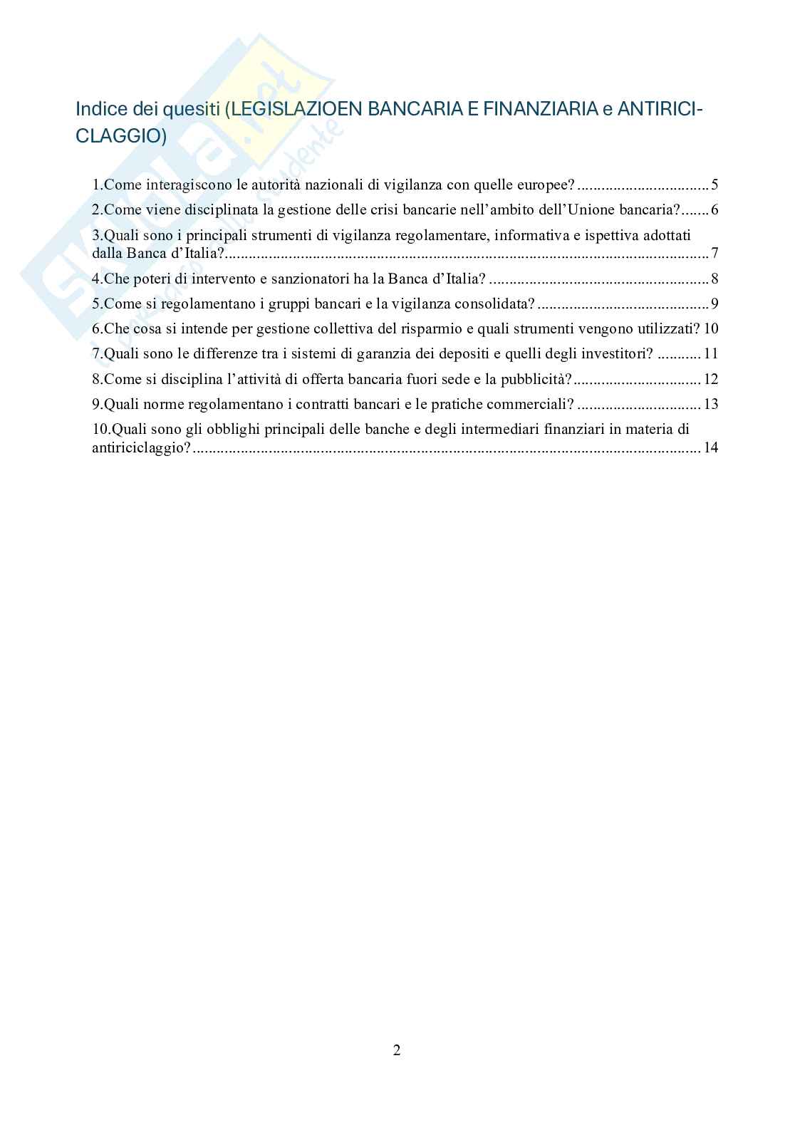 Concorso pubblico Banca Italia - Prova scritta svolta Simulazione Quiz risposta sintetica con soluzione- Legislazione bancaria e finanziaria e antiriciclaggio, parte II Pag. 2