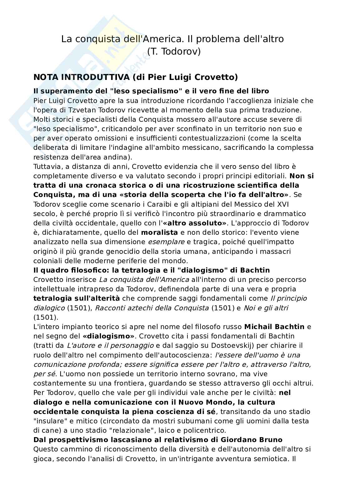 Riassunto esame Antropologia culturale, Prof. Raffa Valentina, libro consigliato La conquista dell'America. Il problema dell'altro , Todorov Pag. 1