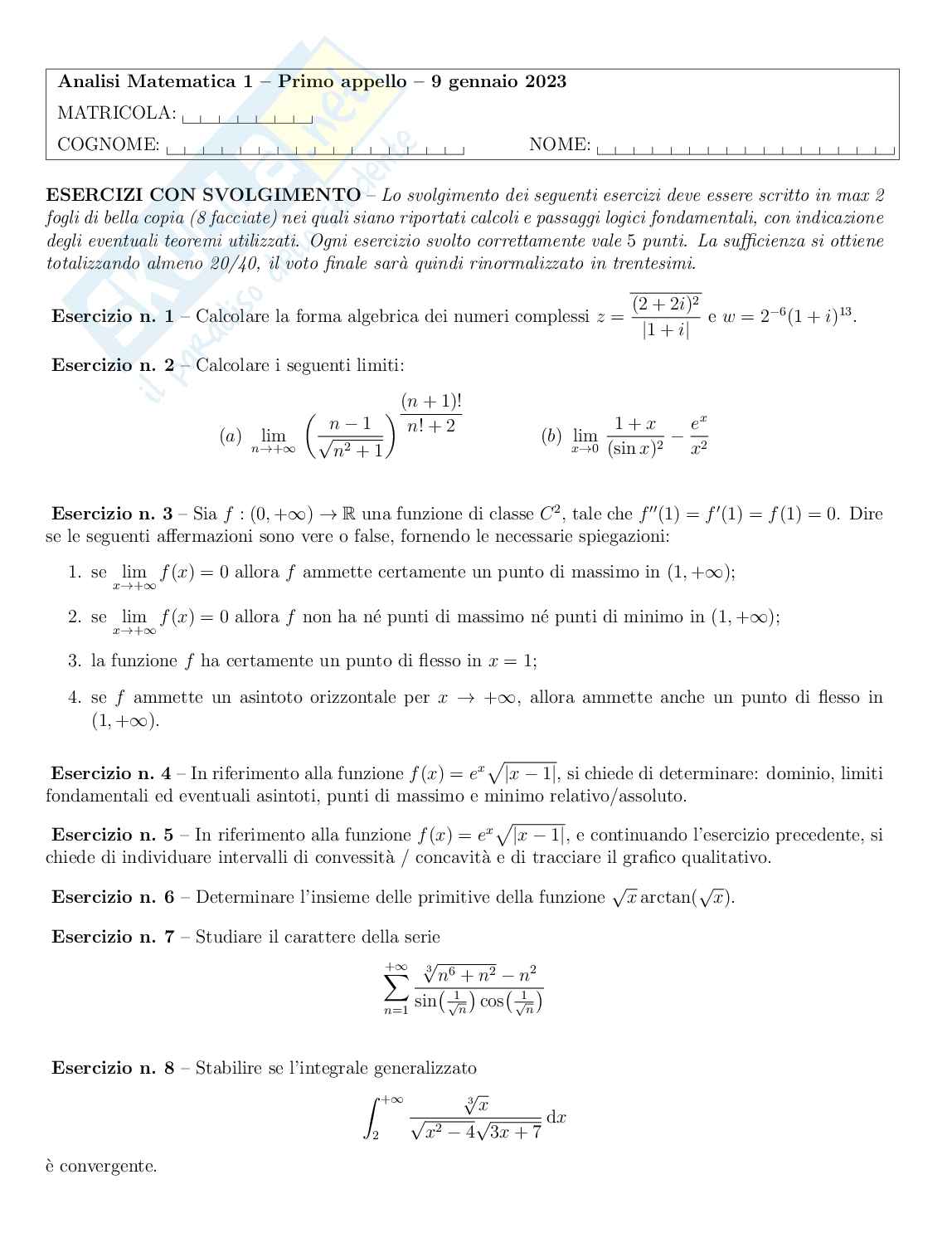 Appello svolto Analisi matematica 1 Pag. 1