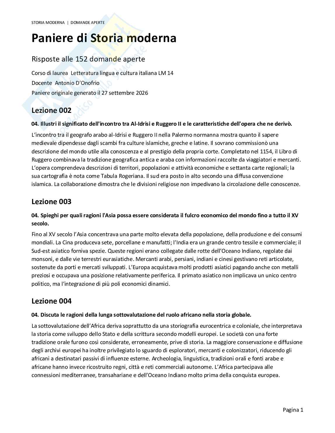 Risposte aperte Storia moderna, 2026 Pag. 1