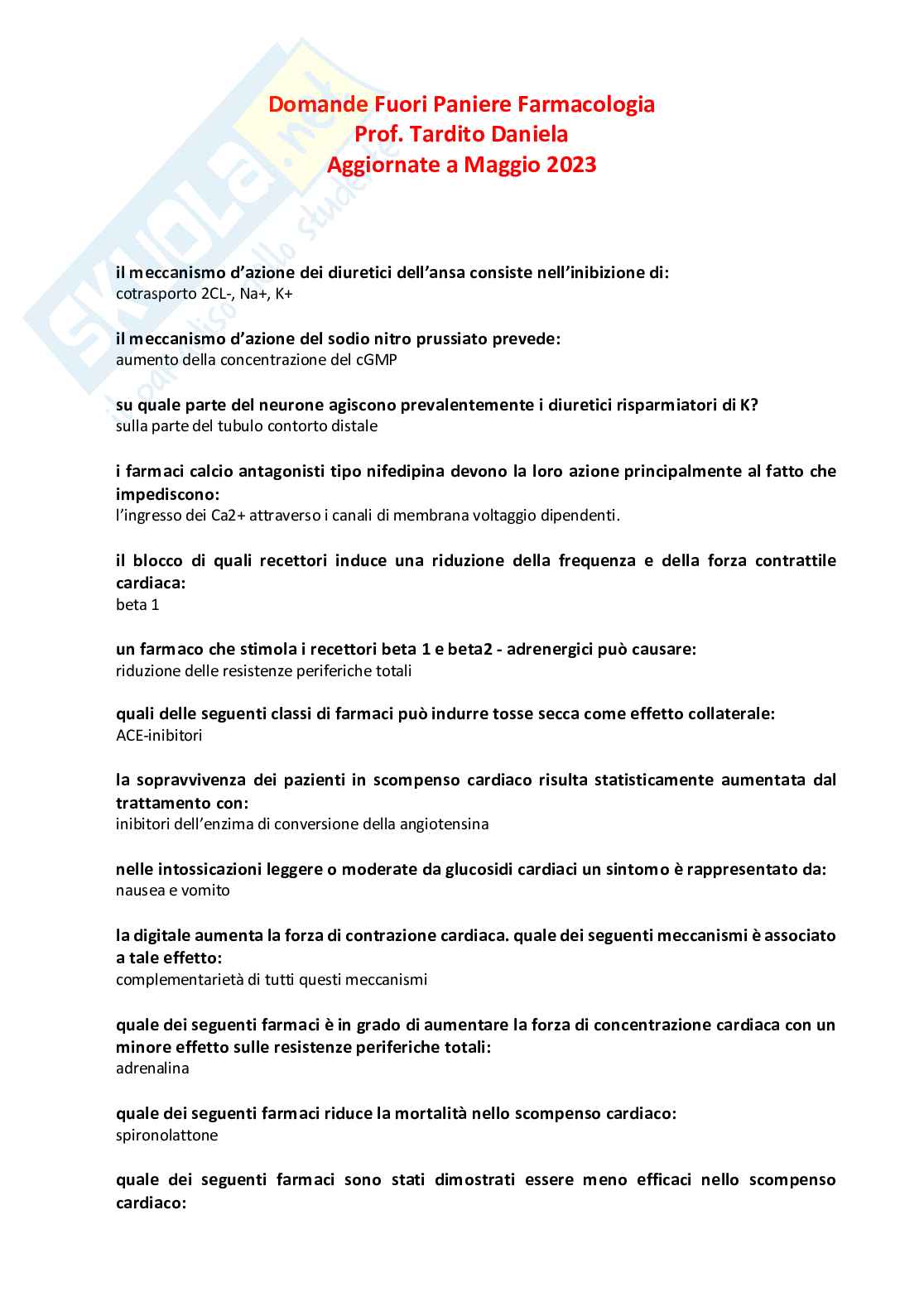 Domande fuori paniere di Farmacologia Pag. 1