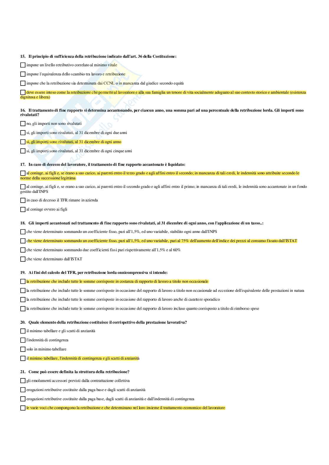 Paniere verificato e svolto di Diritto del lavoro - Risposte multiple Pag. 16