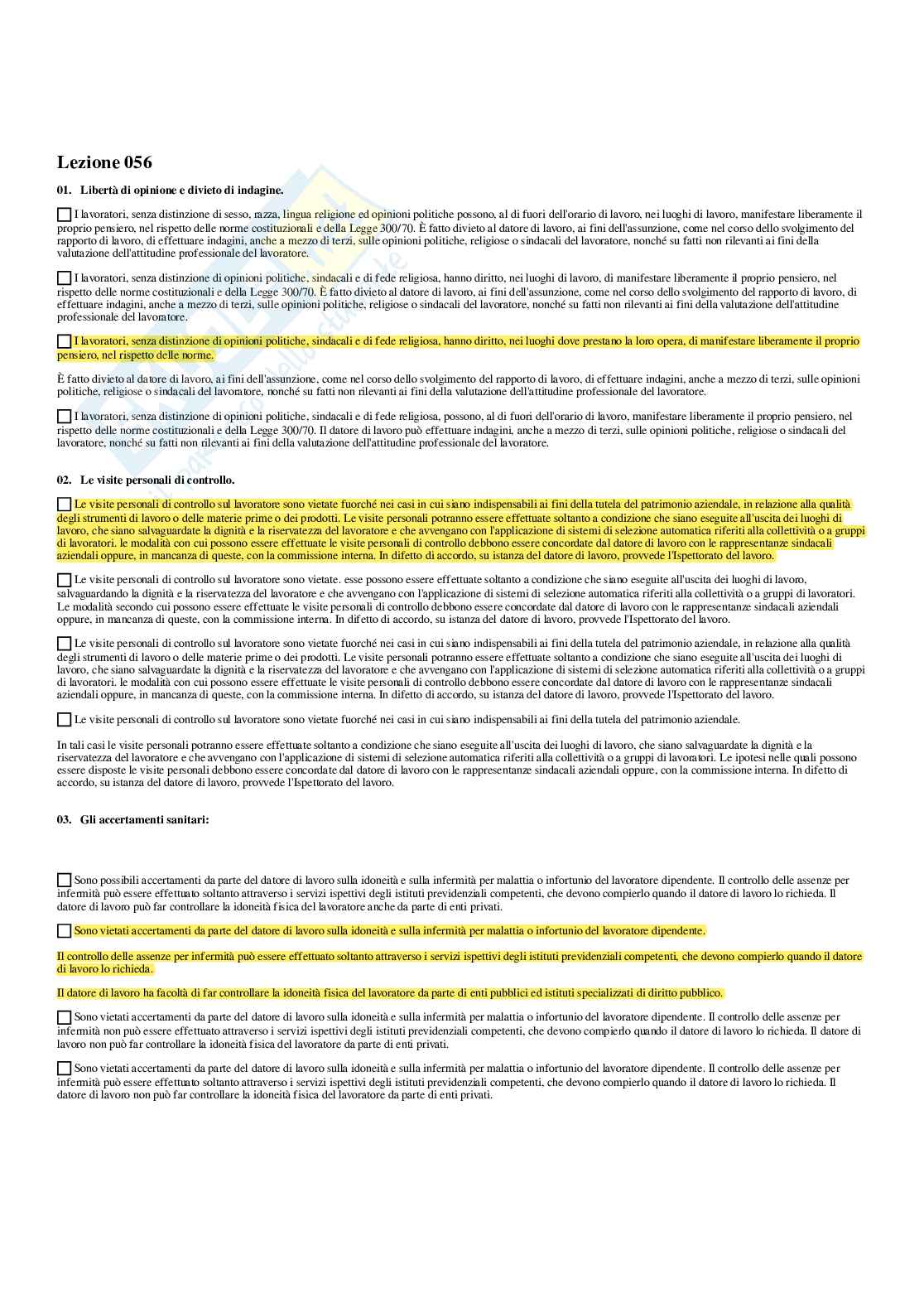 Paniere verificato e svolto di Diritto del lavoro - Risposte multiple Pag. 56