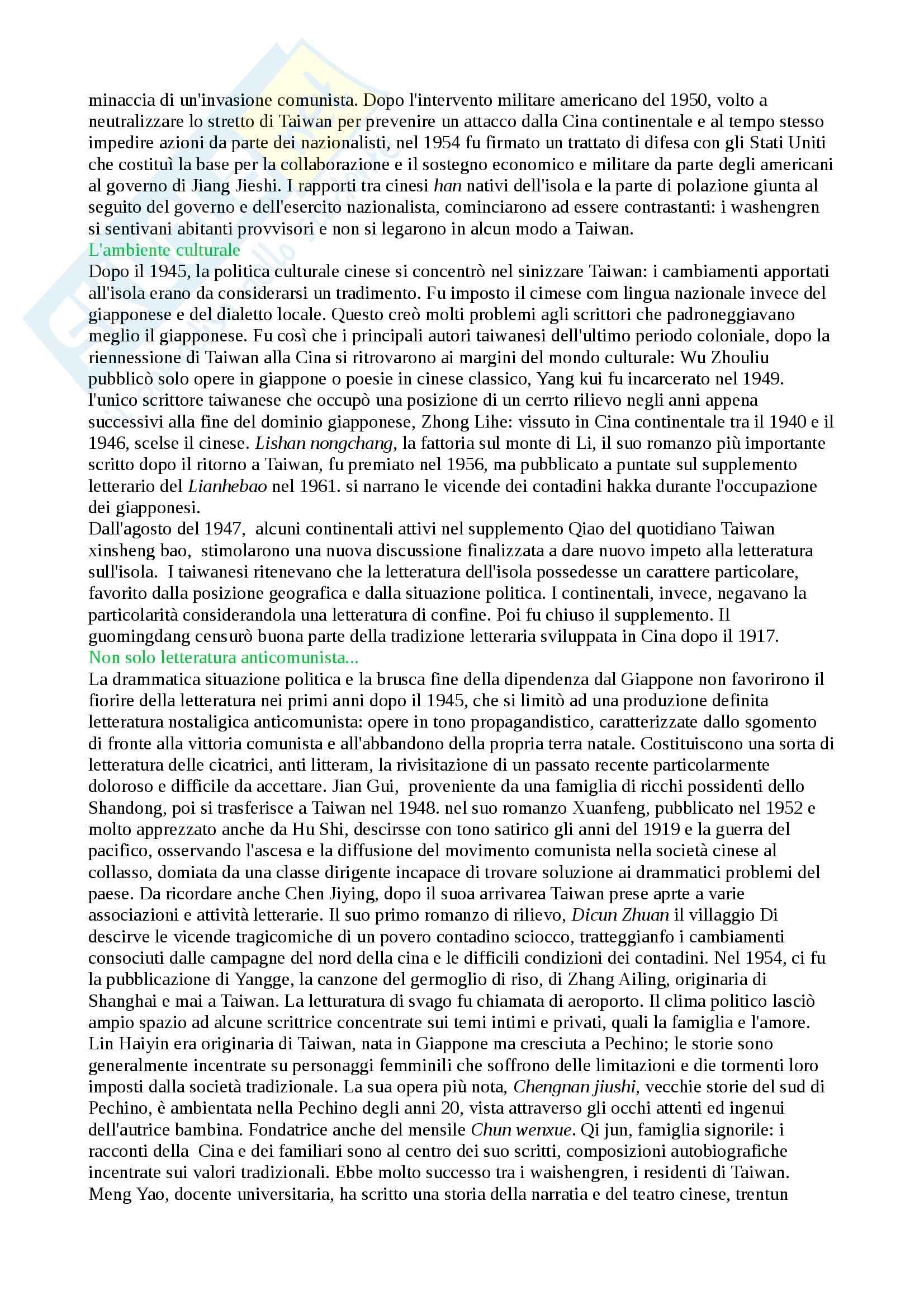 Riassunto esame Letteratura cinese, prof. Paoluzzi, libro consigliato Letteratura taiwanese, Passi Pag. 6
