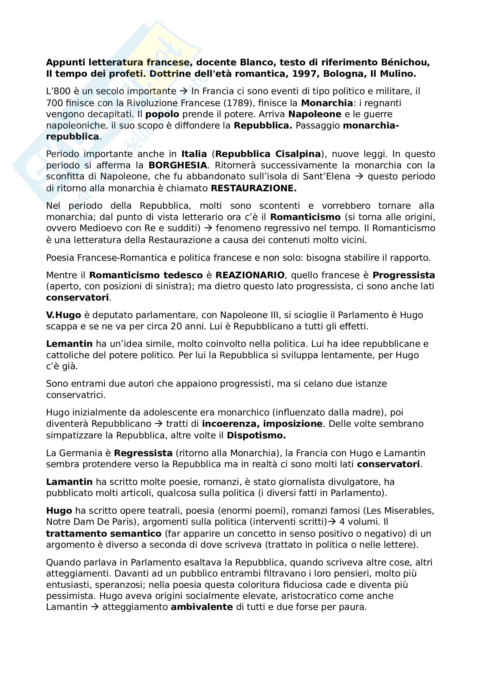 Riassunto esame letteratura francese, prof Blanco, libro consigliato Il tempo dei profeti. Dottrine dell'età romantica, Nichou Pag. 1