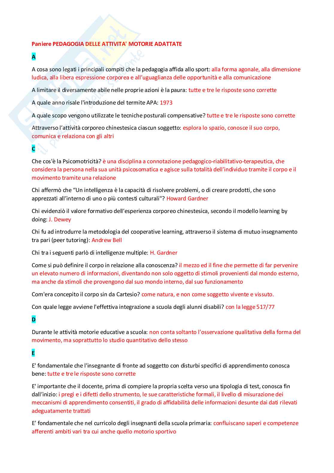 Paniere Pedagogia delle attività motorie adattate (2026) - Risposte multiple in ordine A-Z  Pag. 2