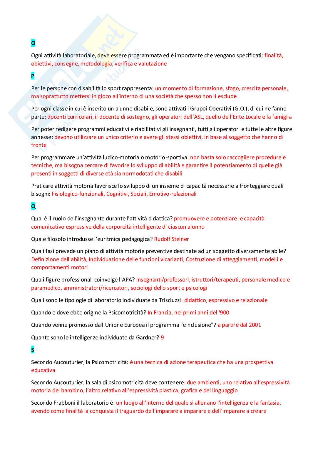 Paniere Pedagogia delle attività motorie adattate (2026) - Risposte multiple in ordine A-Z  Pag. 6