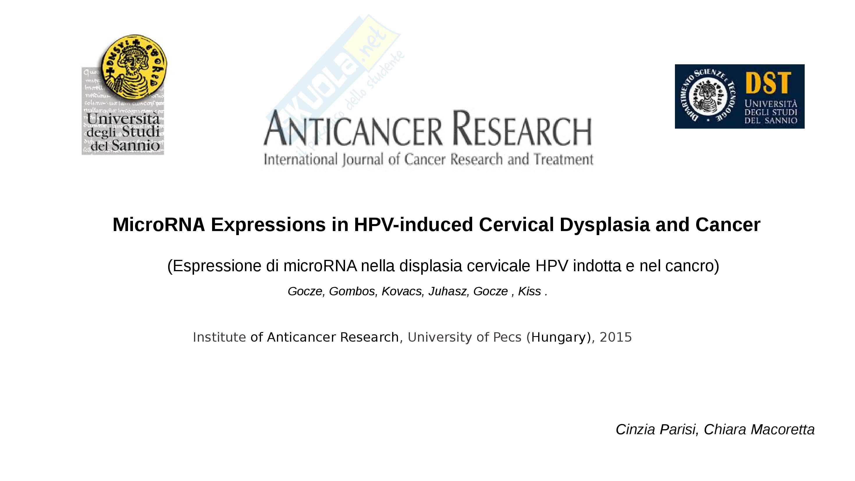 presentazione miRNA nella diagnosi dell hpv Cancro della cervice Pag. 1