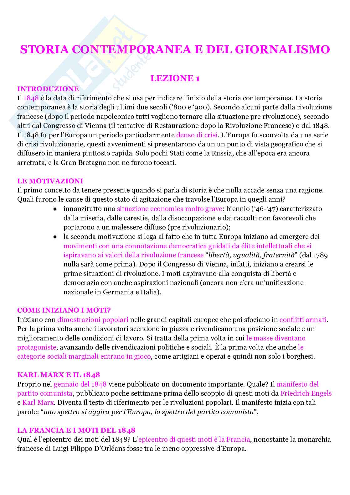 Riassunto esame Storia contemporanea, Prof. Forno Mauro, libro consigliato Informazione e potere. Storia del giornalismo italiano, Mauro Forno Pag. 1