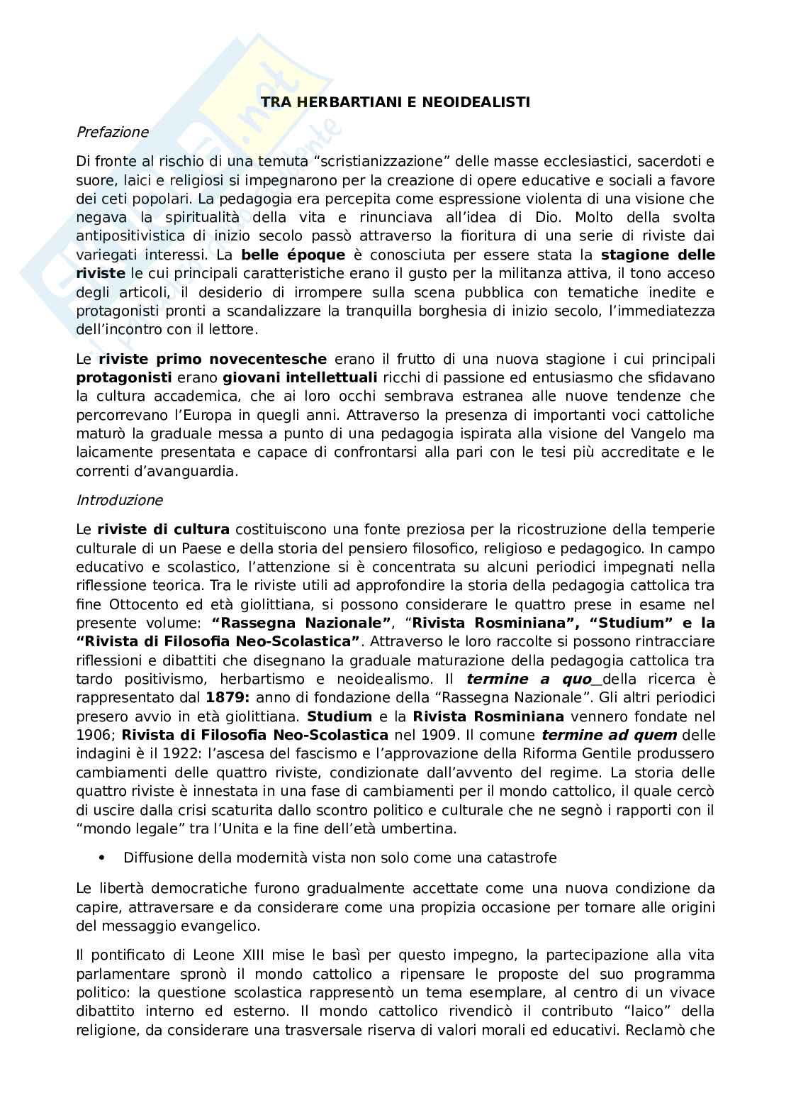 Riassunto esame Storia della pedagogia e delle Istituzioni educative, Prof. Marrone Andrea, libro consigliato Tra herbartiani e neorealisti, Marrone Pag. 1