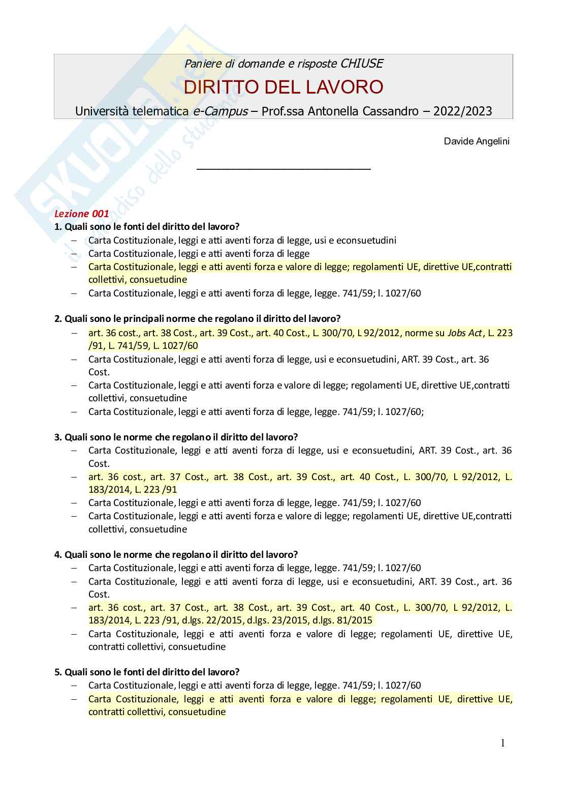 Paniere domande e risposte chiuse Diritto del Lavoro - 2023 Pag. 1