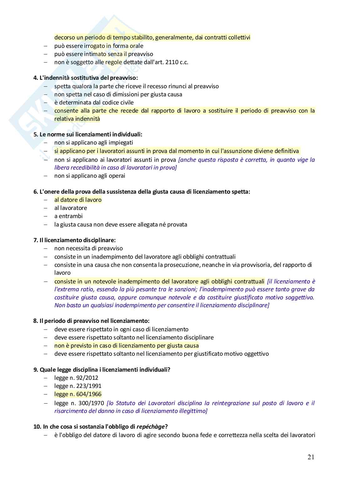 Paniere domande e risposte chiuse Diritto del Lavoro - 2023 Pag. 21