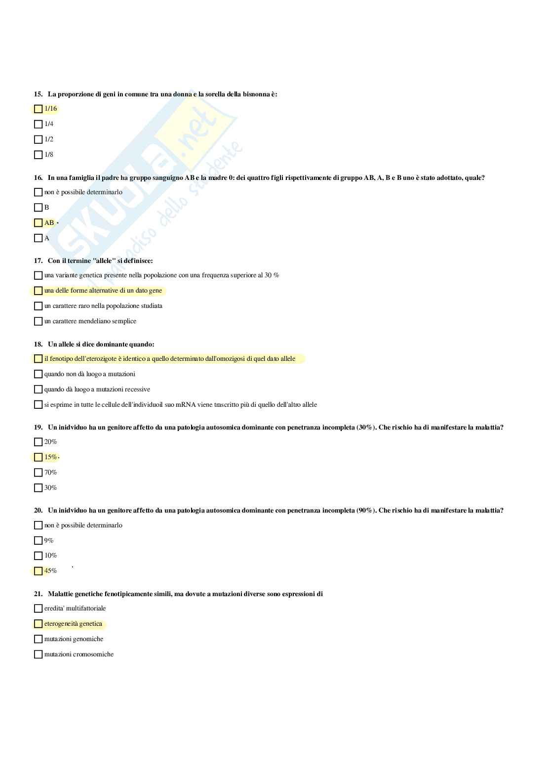Paniere Genetica medica - Risposte multiple - aggiornato (2026) Pag. 26