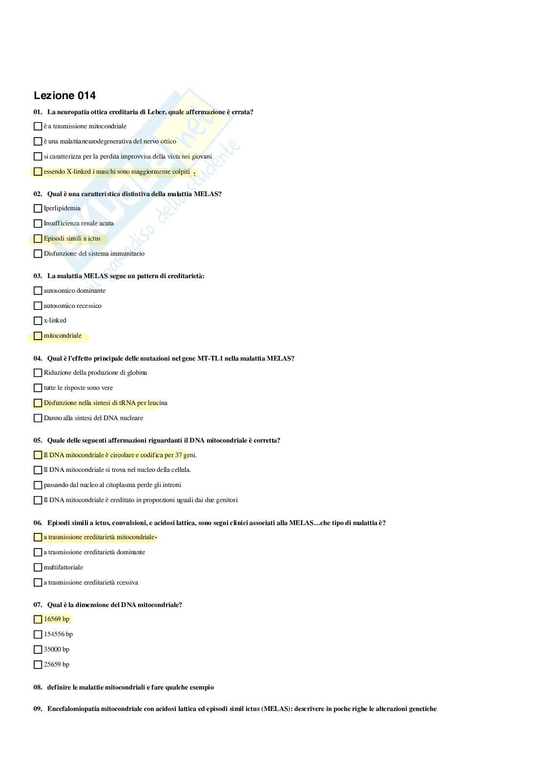 Paniere Genetica medica - Risposte multiple - aggiornato (2026) Pag. 36