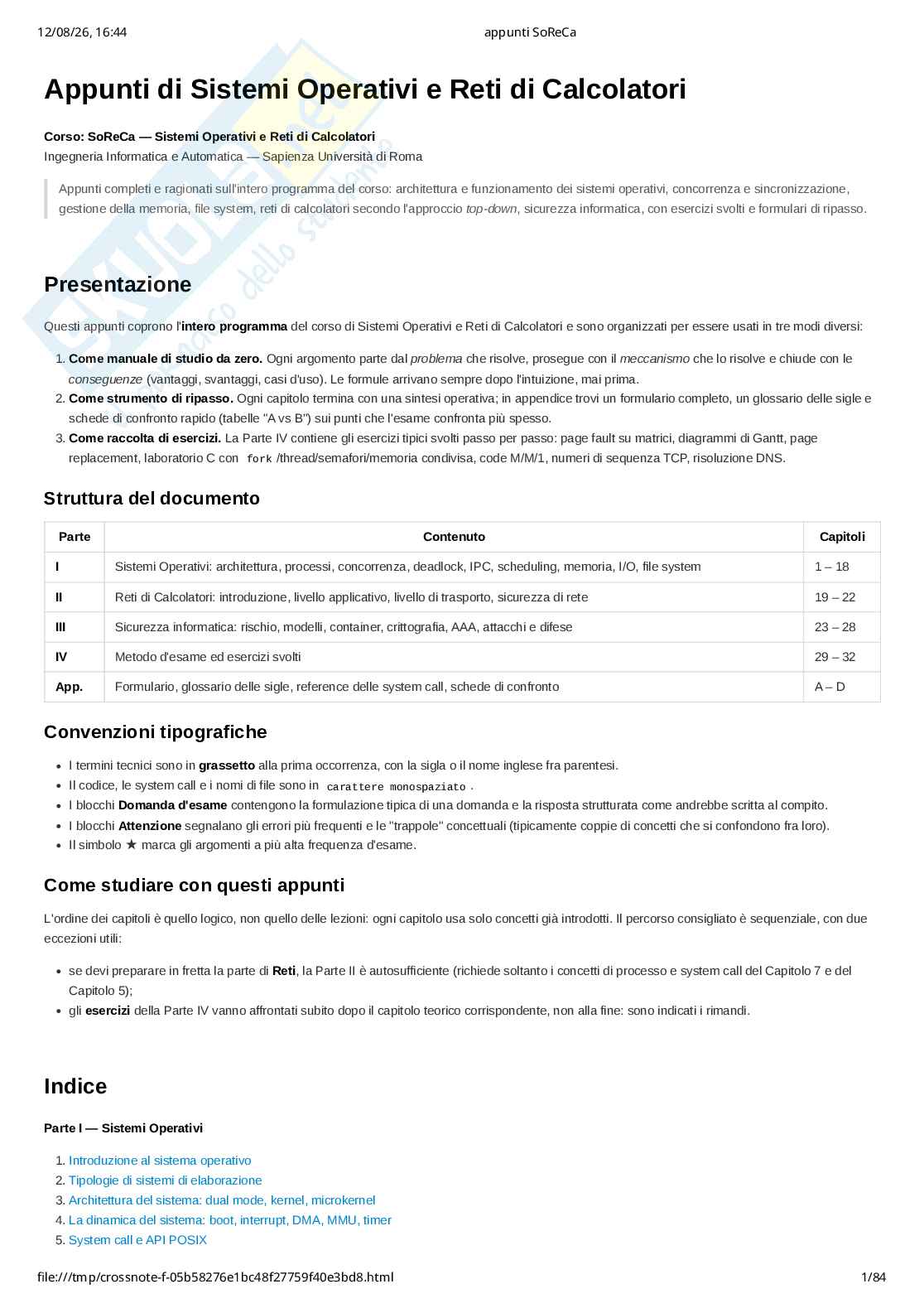 Appunti completi di Sistemi operativi e reti di calcolatori (SoReCa) - teoria, esercizi Pag. 1