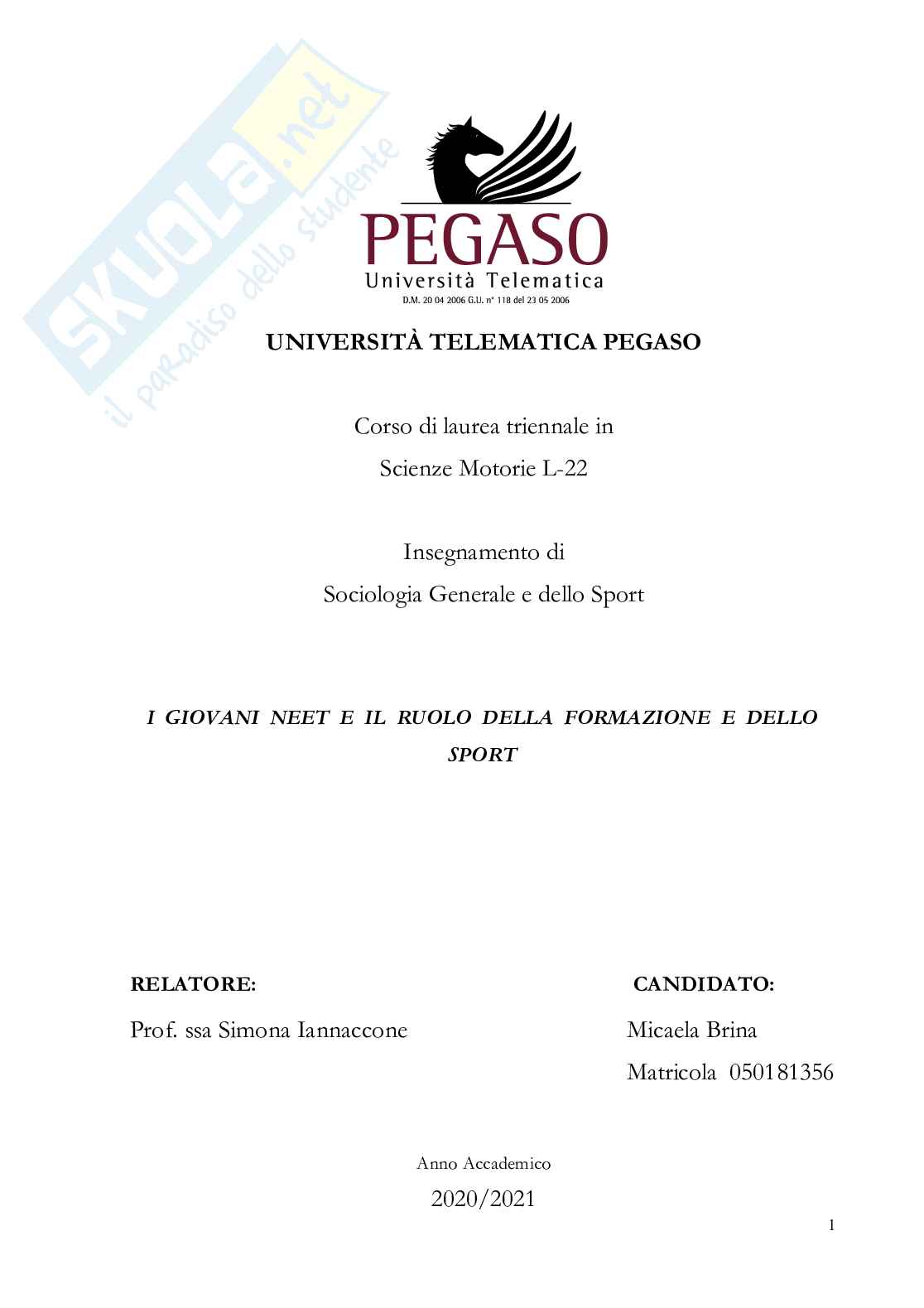 Tesi I giovani Neet e il ruolo della formazione e dello sport Pag. 1