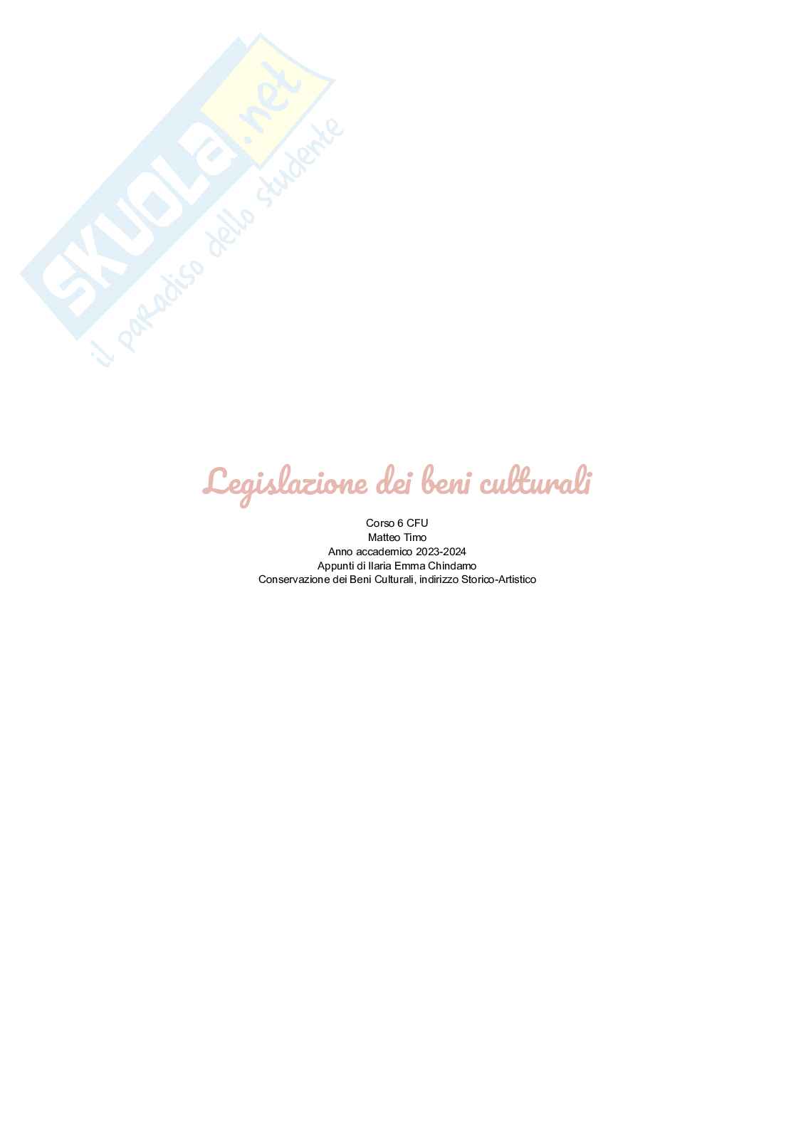 Riassunto esame Legislazione dei beni culturali, Prof. Timo Matteo, libro consigliato La disciplina dei beni culturali. Tendenze attuali ed aspetti problematici, Matteo Timo Pag. 1