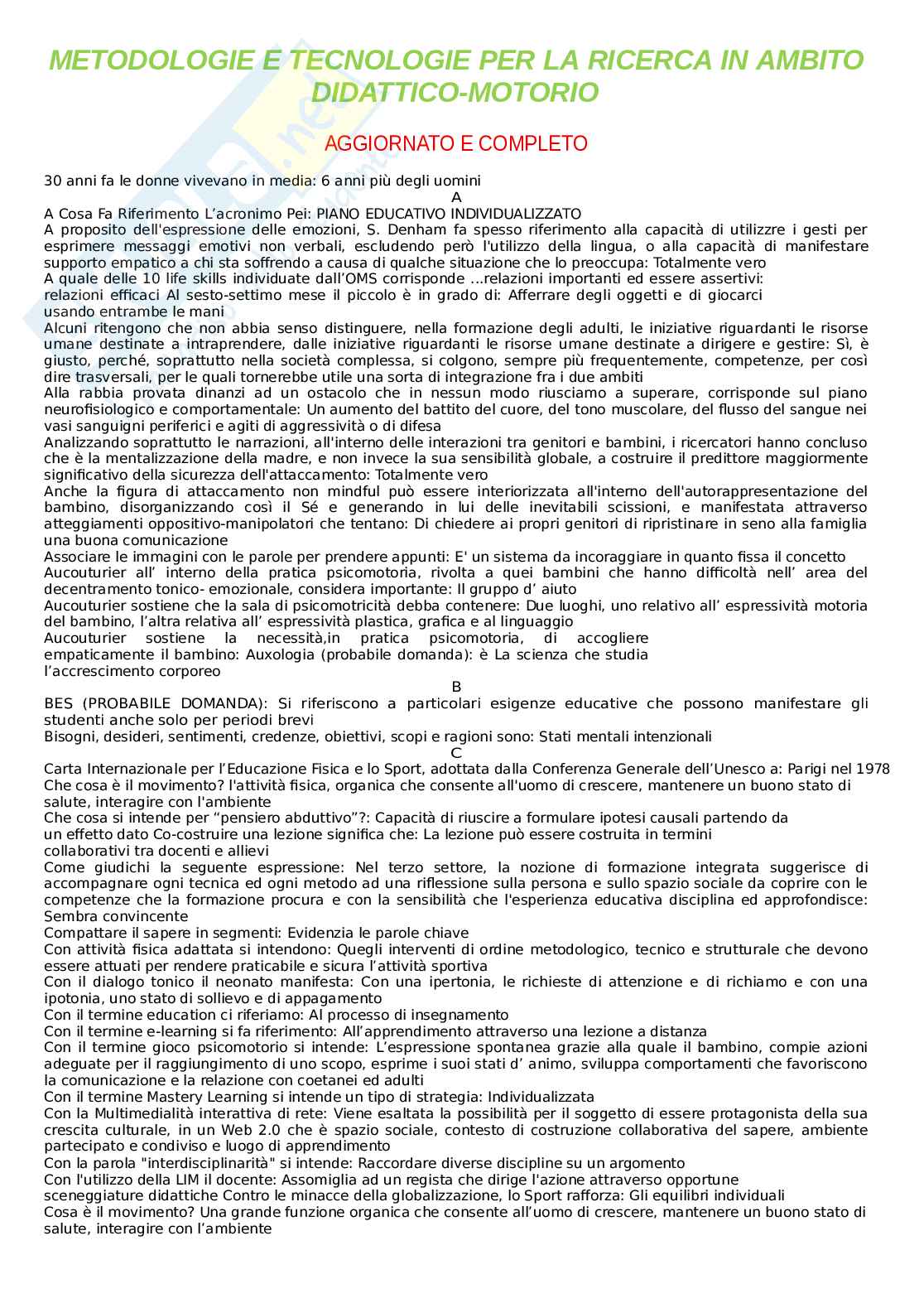 Paniere Metodologie e tecnologie per la ricerca in ambito didattico motorio. Aggiornato e completo. In ordine. Pag. 1