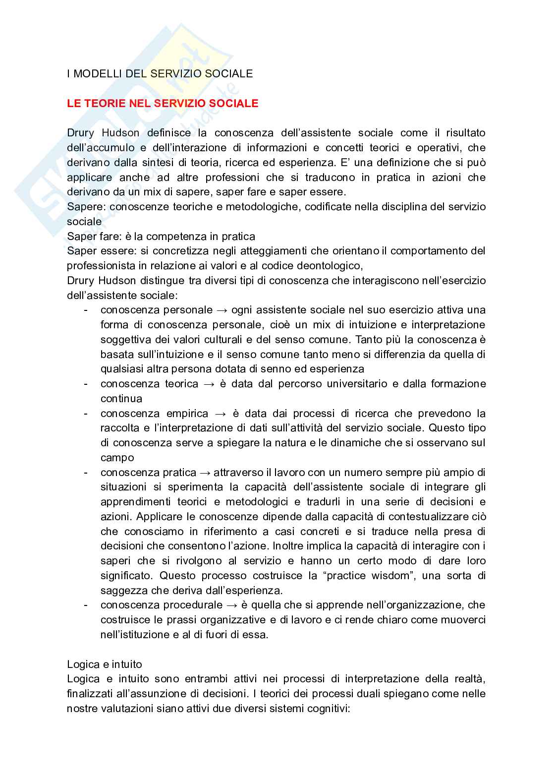 Riassunto esame Metodi e tecniche del servizio sociale, Prof. Mordeglia Silvana, libro consigliato I modelli del servizio sociale, Sanfelici Pag. 1