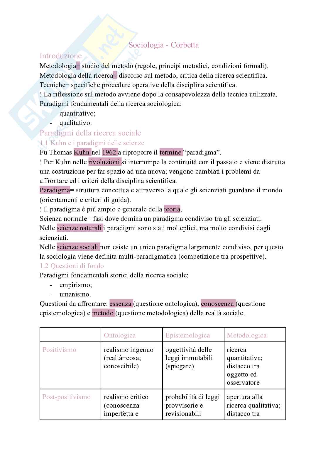 Riassunto esame Sociologia , Prof. Iannone Roberta, libro consigliato La ricerca sociale: metodologie e tecniche, Corbetta Pag. 1