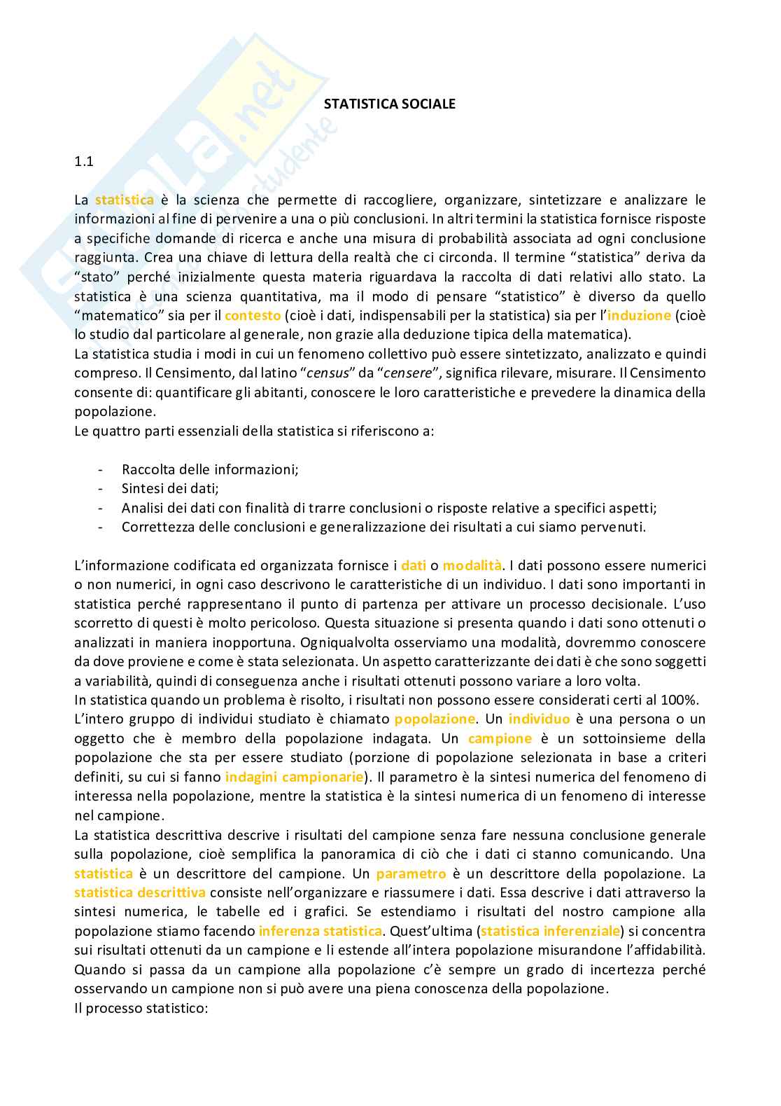 Riassunto esame Statistica sociale, Prof. Petrucci Alessandra, libro consigliato Statistica sociale, Petrucci Pag. 1