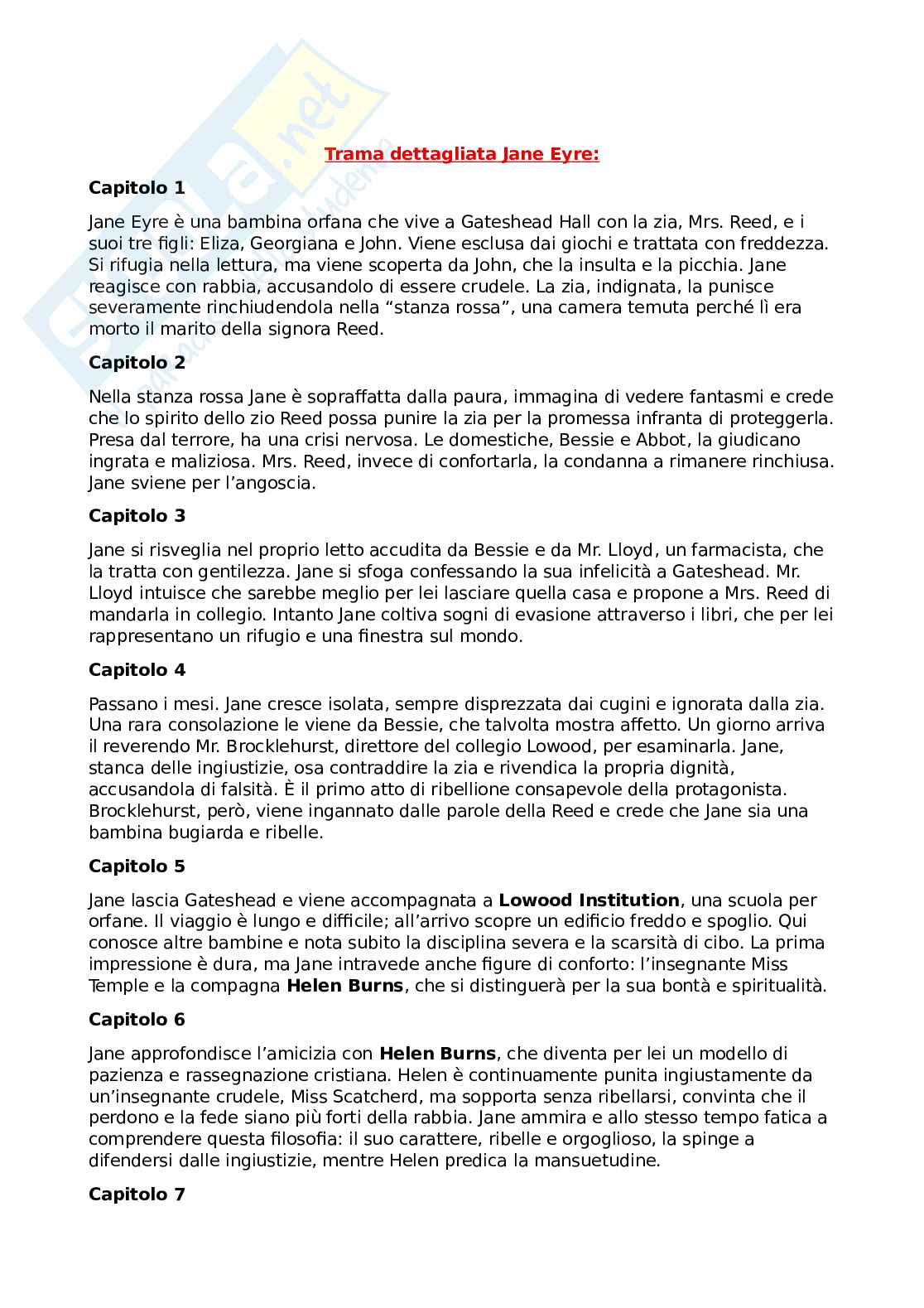 Riassunto esame Letteratura inglese I, Prof. Ambrosini Richard, libro consigliato Jane Eyre, Bronte Pag. 1