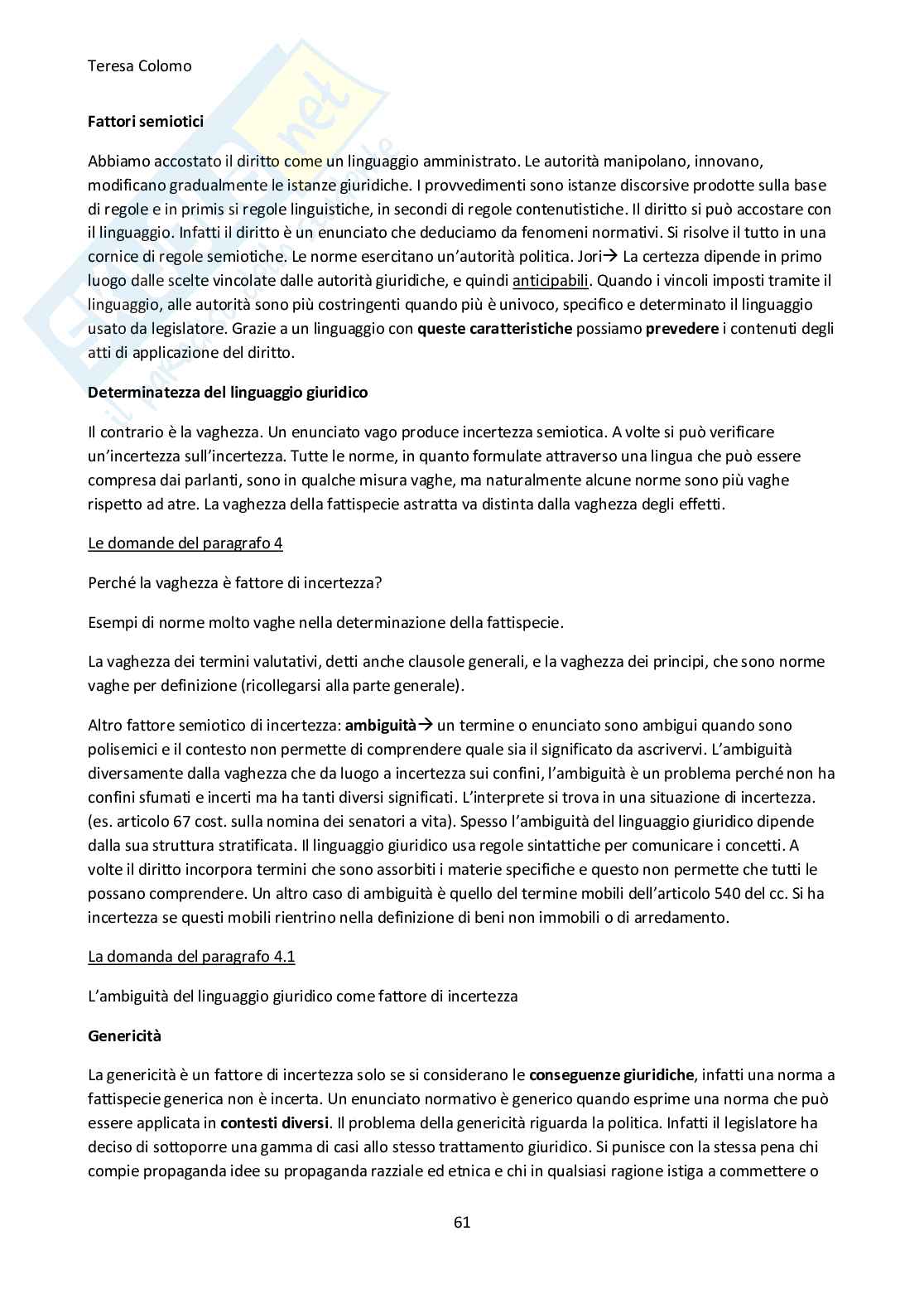 Riassunto esame Filosofia del diritto , Prof. Sinico Chira, libro consigliato Introduzione alla filosofia del diritto, L'incertezza del diritto , Jori, Pintore  Pag. 61
