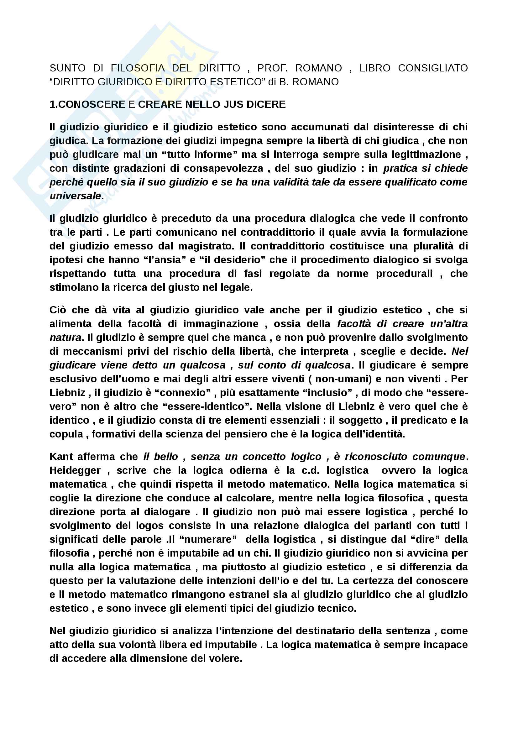 Riassunto esame Filosofia del diritto, Prof. Romano, Libro consigliato “Diritto giuridico e diritto estetico di B. Romano Pag. 1