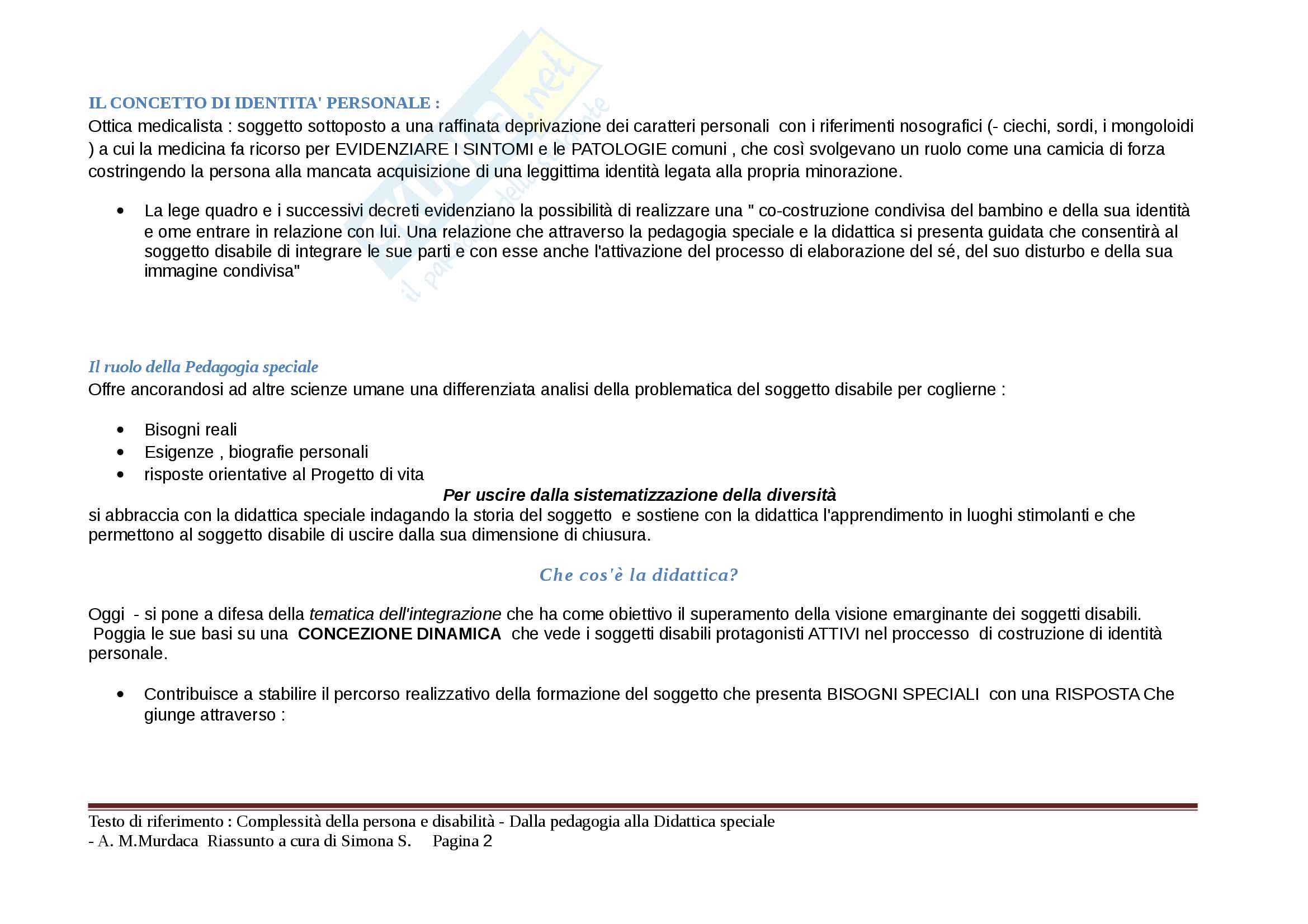 Riassunto esame Didattica speciale, prof Murdaca, libro consigliato Complessità della persona e disabilità, Murdaca Pag. 2