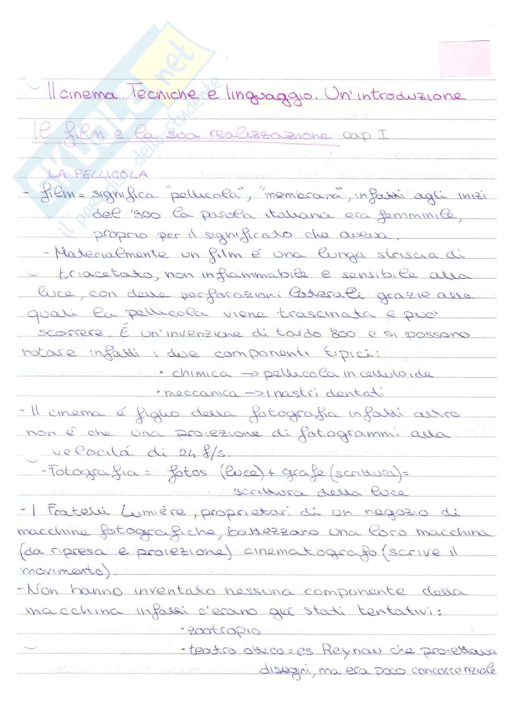 Riassunto esame di storia del cinema, prof Alonge, libro consigliato Il cinema: tecnica e linguaggio. Un'introduzione Pag. 1