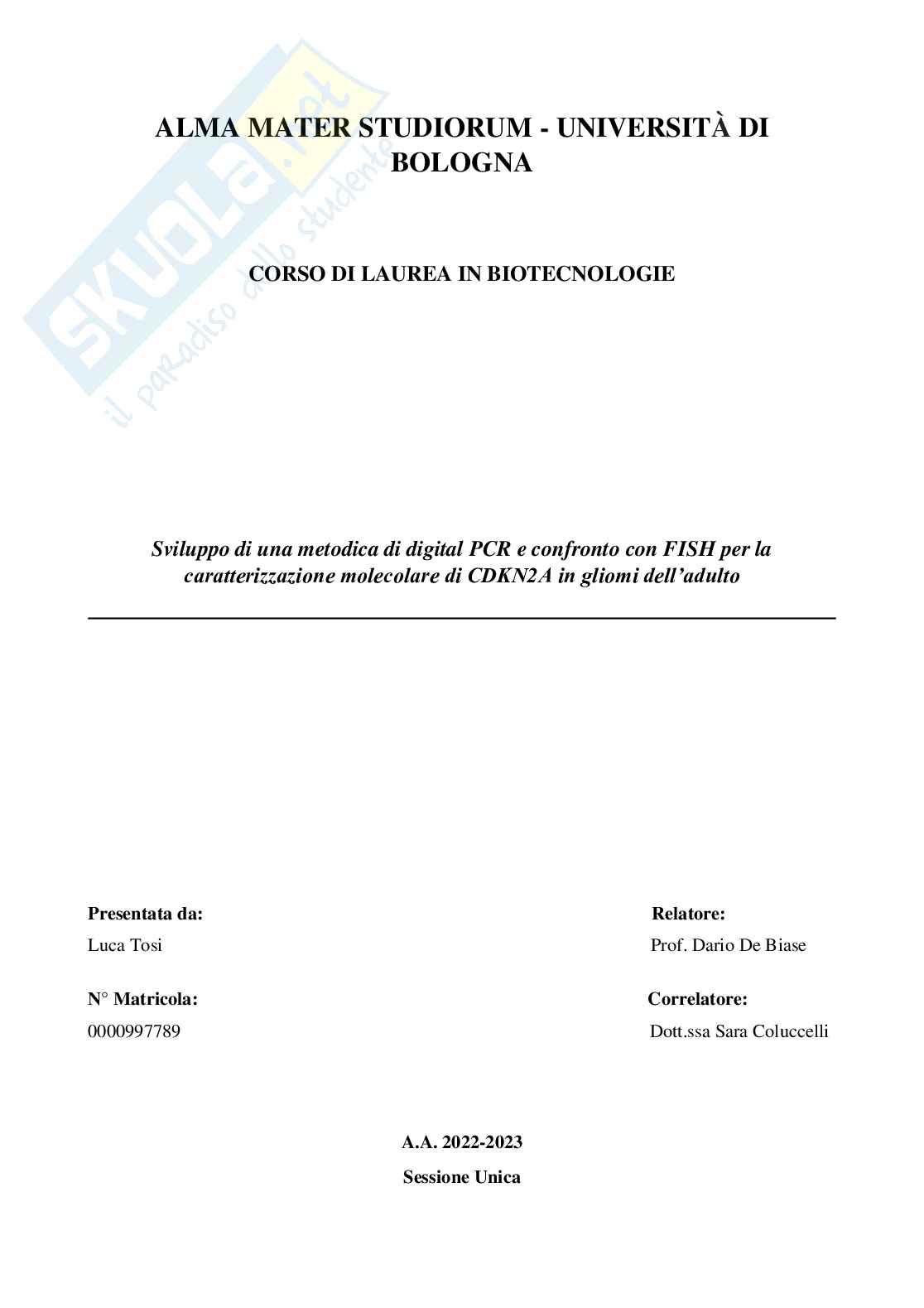 Sviluppo di una metodica di digital PCR e confronto con FISH per la caratterizzazione molecolare di CDKN2A in gliomi dell'adulto Pag. 1