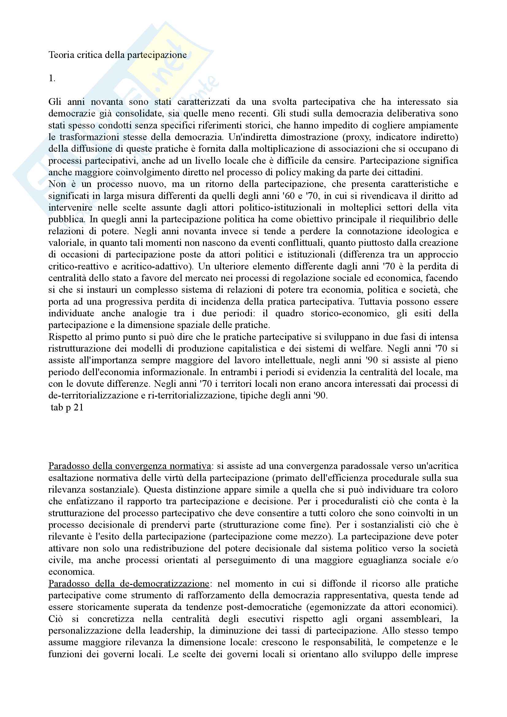 Riassunto esame Governance e partecipazione nei sistemi territoriali, prof. Moini, libro consigliato Teoria critica della partecipazione. Un approccio sociologico, Giulio Moini Pag. 1
