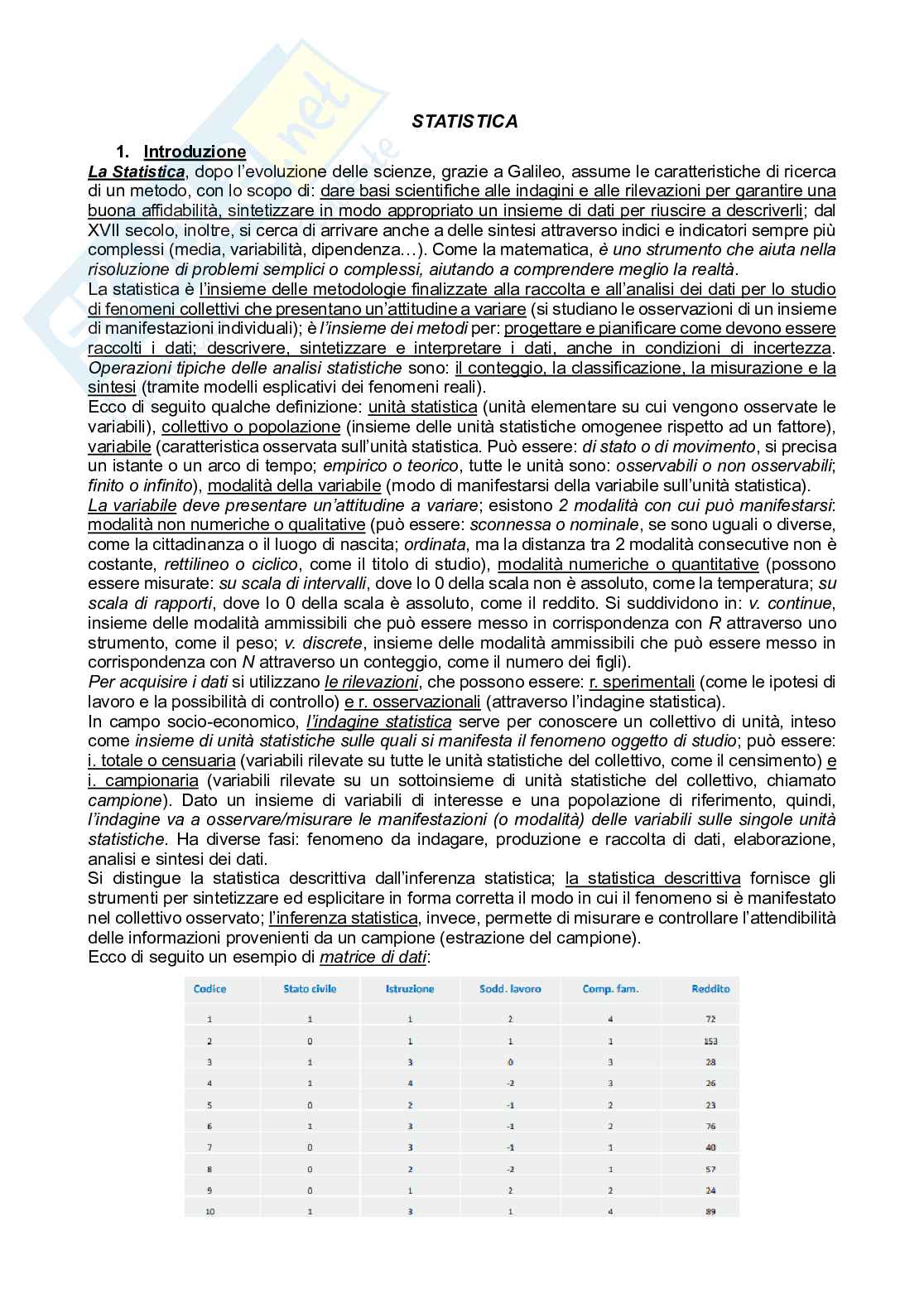Riassunto esame Statistica, Prof. Caviezel Valeria, libro consigliato Statistica: metodologie per le scienze economiche e sociali, Borra Pag. 1