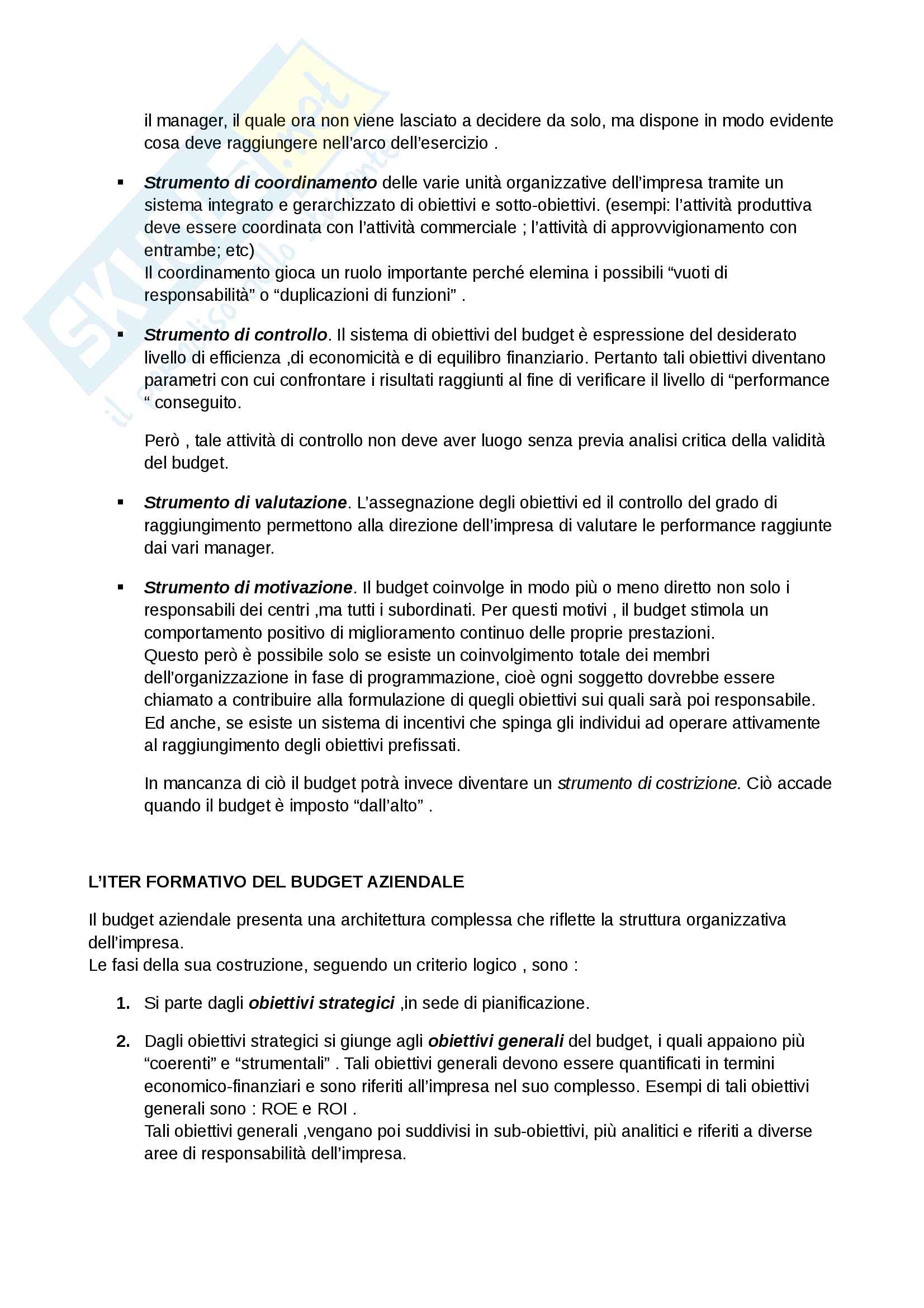 Riassunto esame Programmazione e Controllo, prof. A.Nati. Libro consigliato Il sistema dei budget aziendali, F. Berti Pag. 2