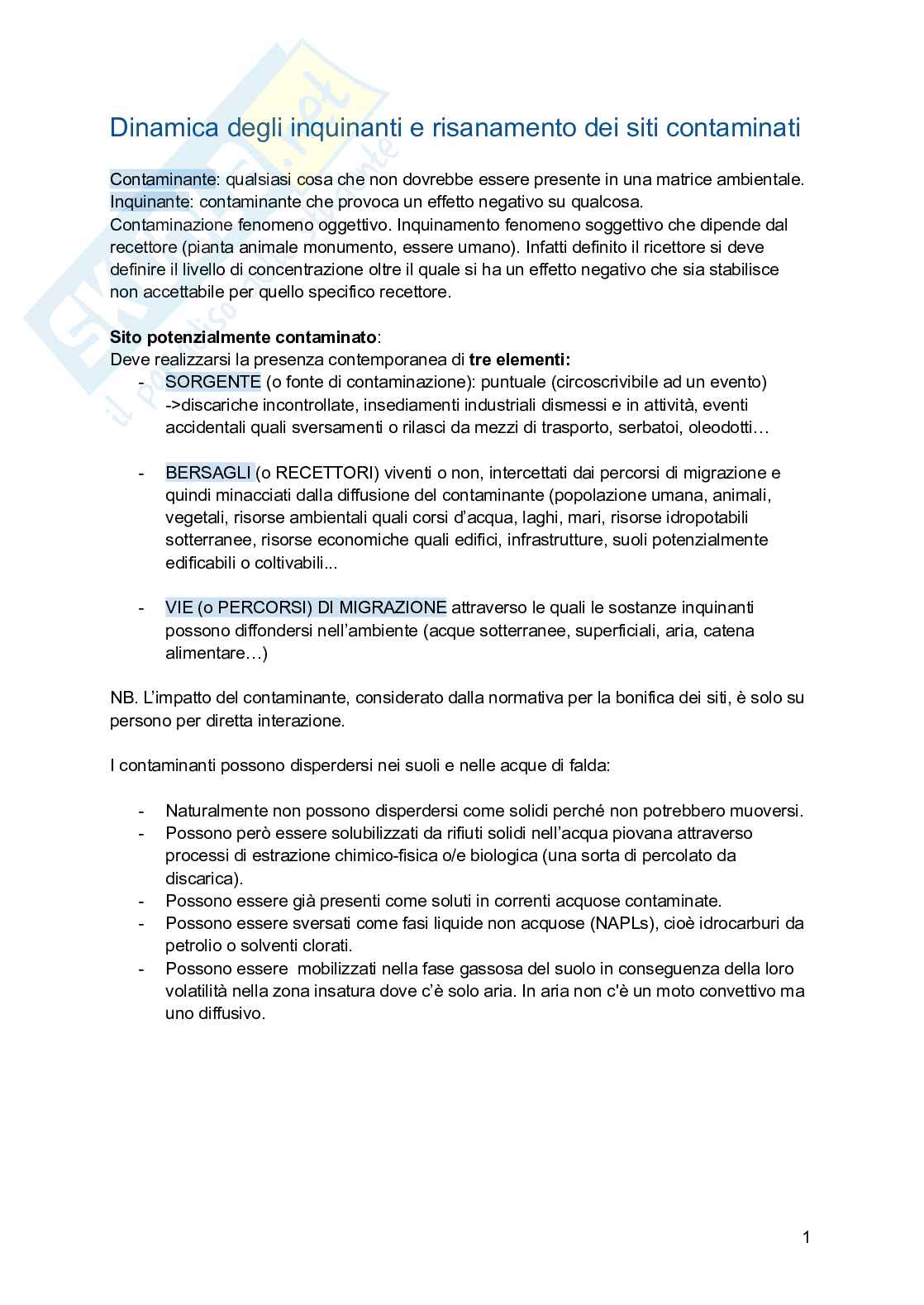 Dinamica degli inquinanti e risanamento dei siti inquinati Pag. 1