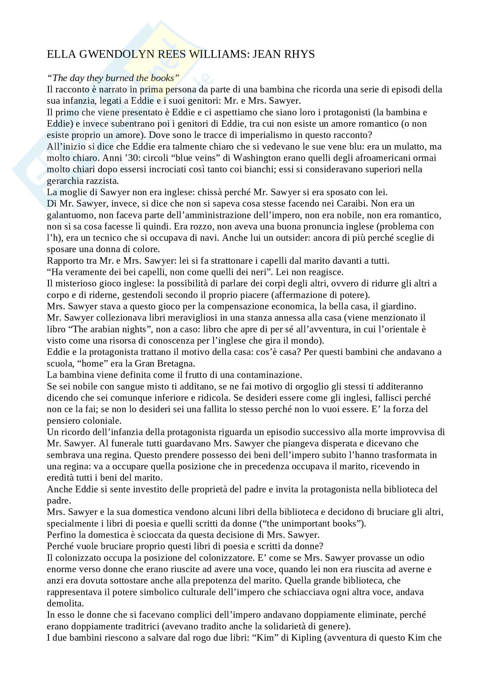Riassunto esame letteratura, prof. Morresi. Libro consigliato Voyage in the dark, Jean Rhys Pag. 1