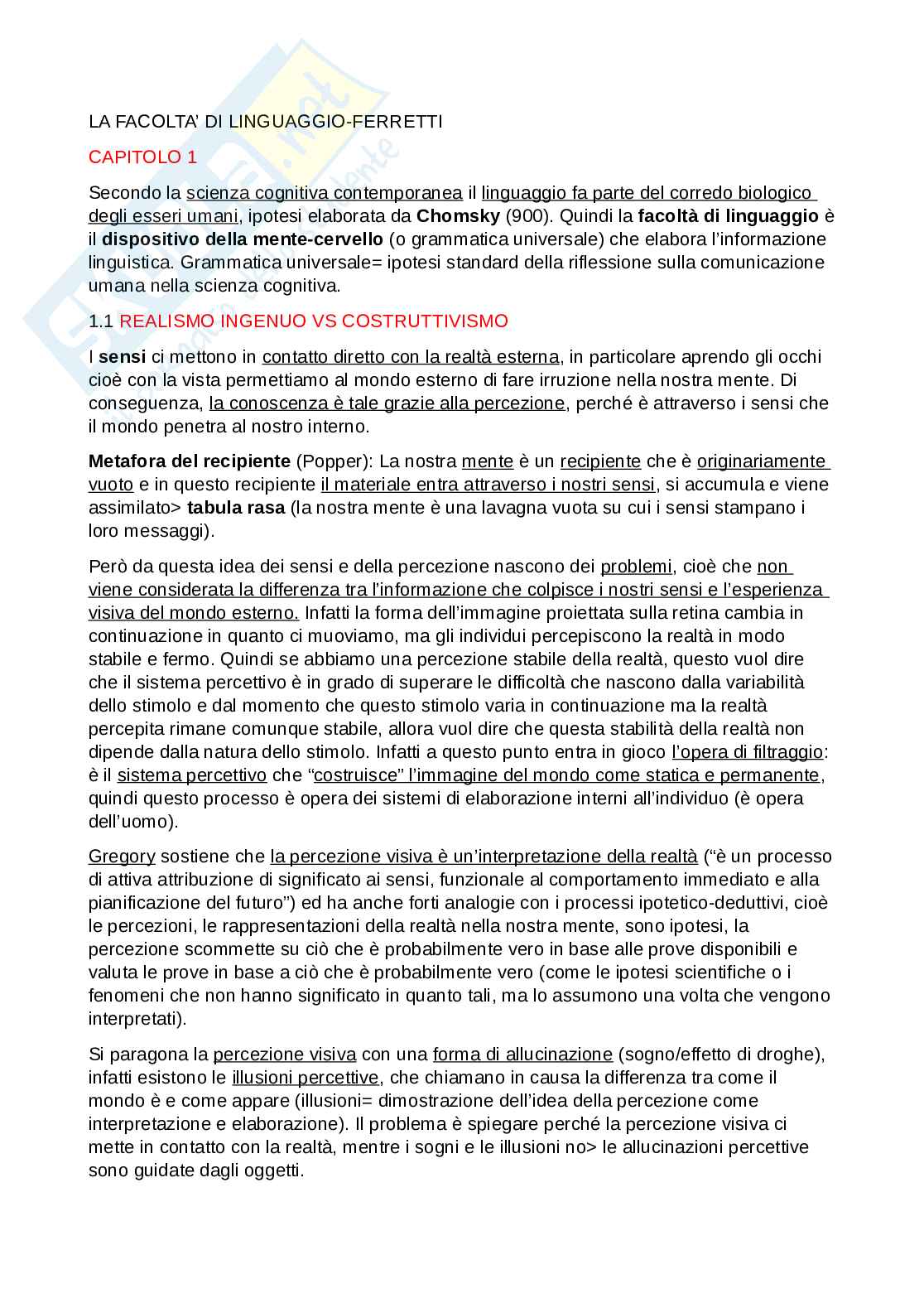 Riassunto esame Filosofia del linguaggio, Prof. Ferretti Francesco, libro consigliato La facoltà di linguaggio, Ferretti Pag. 1