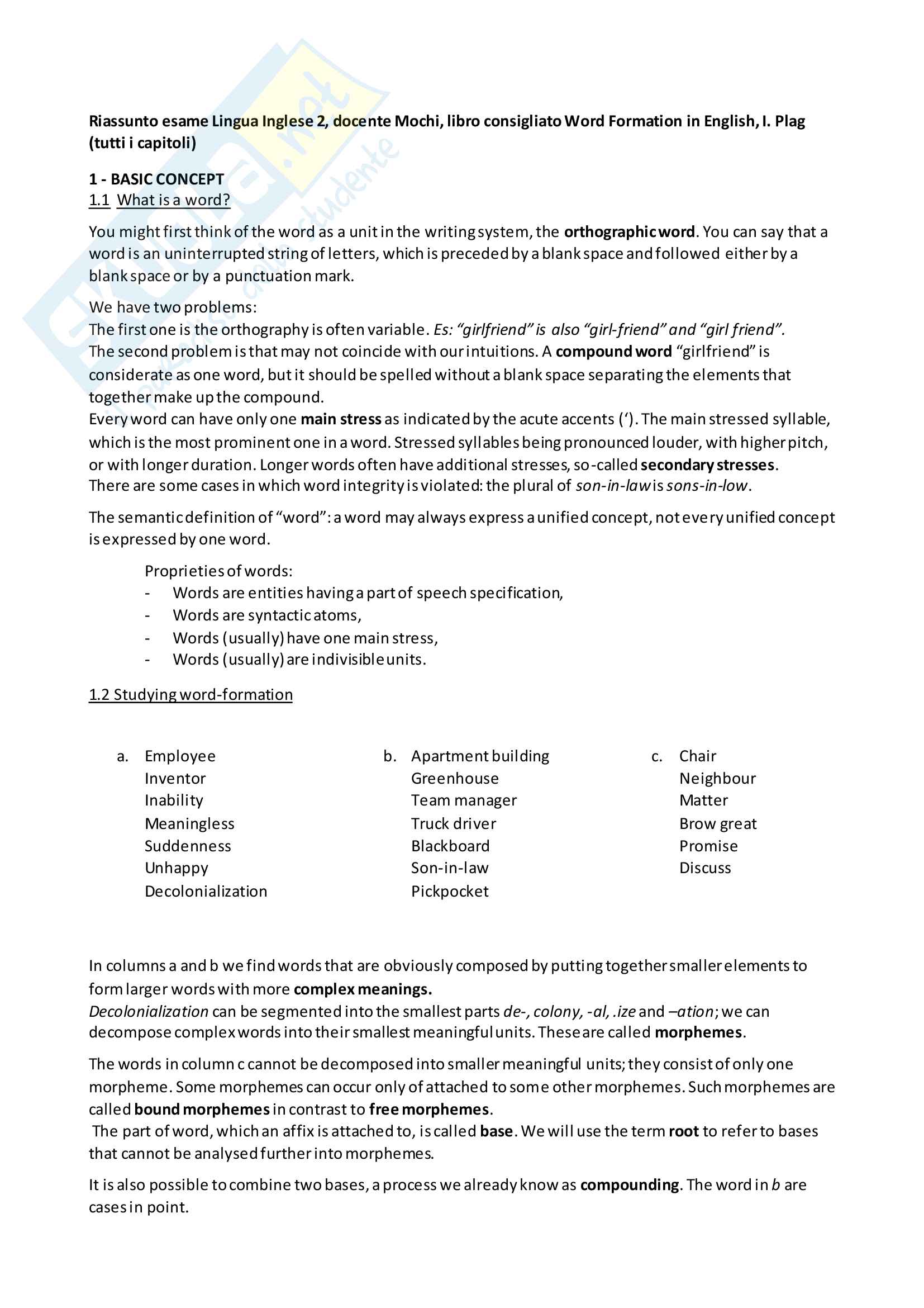 Riassunto esame Lingua Inglese 2, docente Mochi, libro consigliato Word Formation in English I, Plag Pag. 1