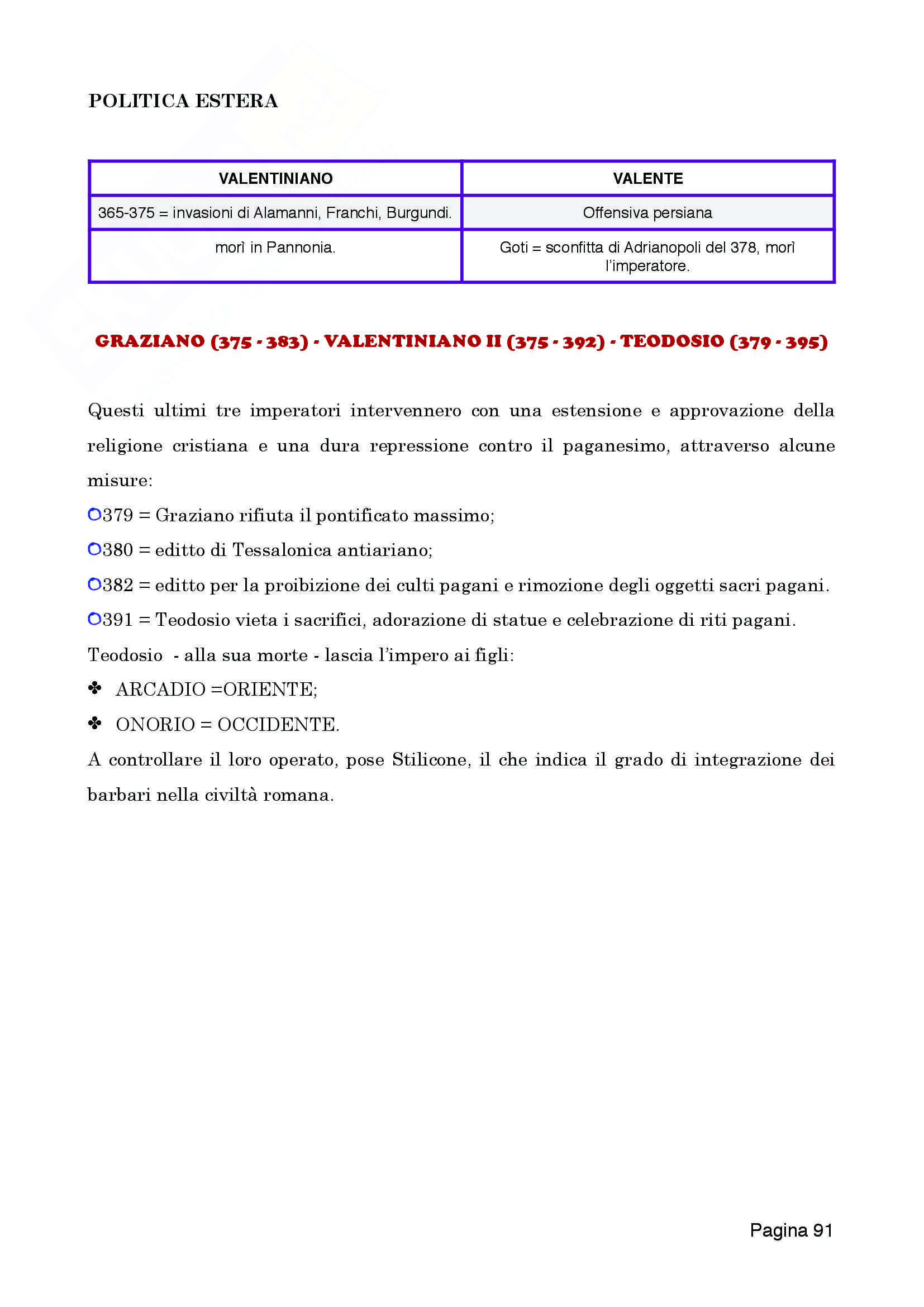 Riassunto esame personale, prof. Bandelli, libro consigliato  "Manuale di Storia Romana" Pani -  Todisco Pag. 91