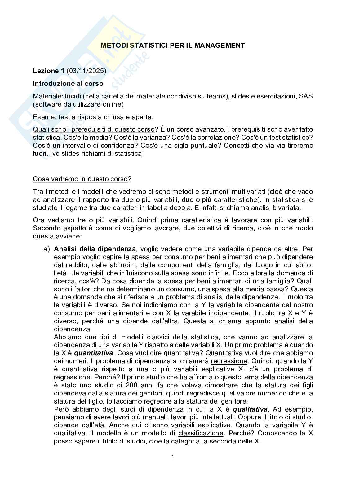 Appunti lezione Metodi statistici per il management Pag. 1