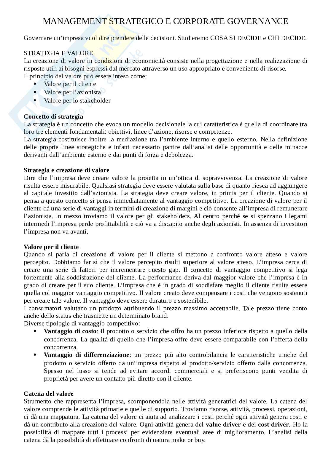 Appunti di Management strategico e corporate governance Pag. 1