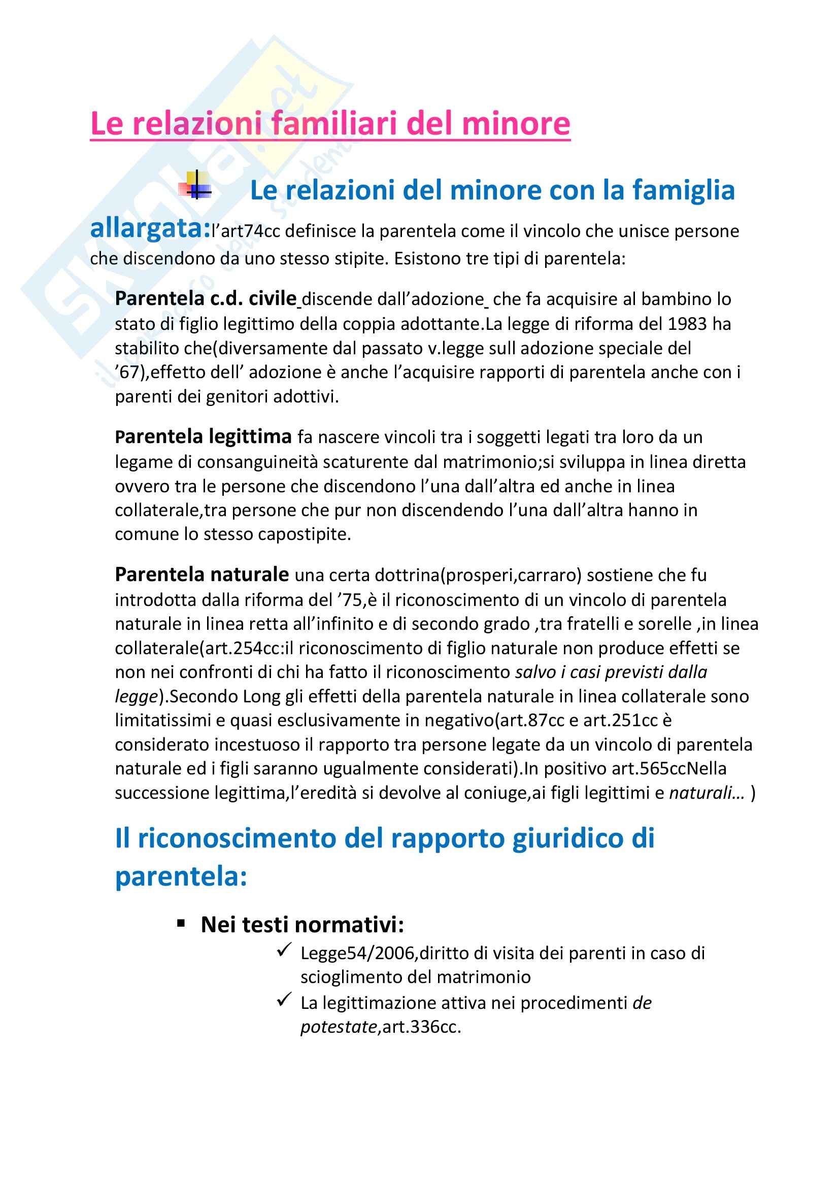 Diritto privato e di famiglia - le relazioni familiari del minore Pag. 1