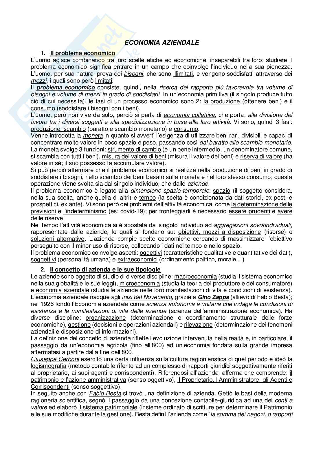 Riassunto esame Economia aziendale, Prof. Rossi Claudia, libro consigliato Fondamenti di economia aziendale, Servalli  Pag. 1