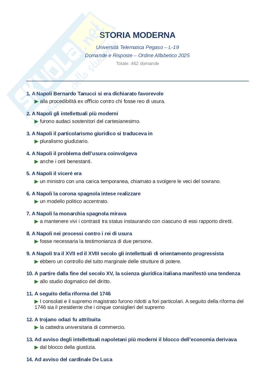 Domande e Risposte Storia moderna, ordine alfabetico 2025 Pag. 1